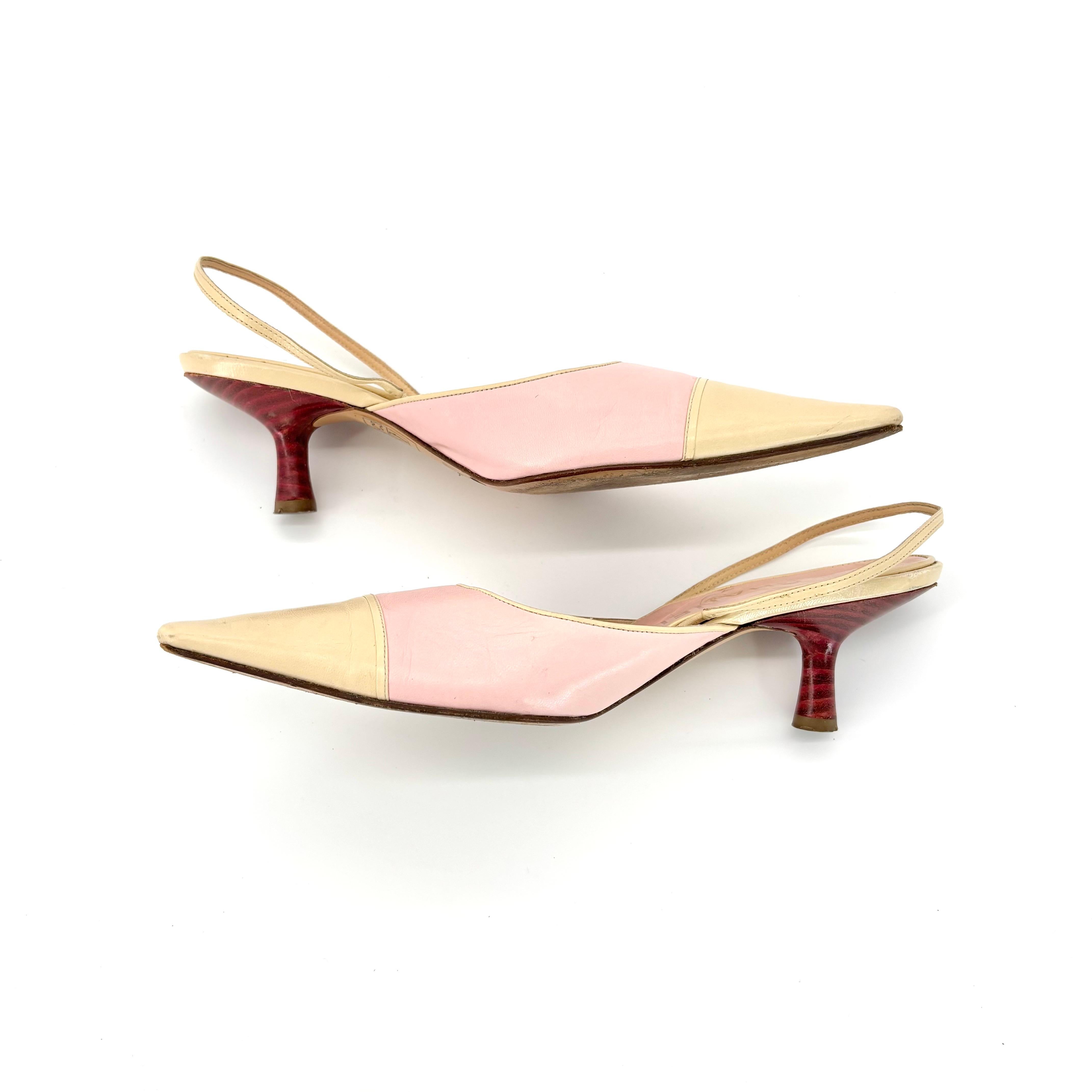 Vintage Chanel Pastell Rosa Cap Toe Slingback Kitten Heel Pointed Toe Pumps 36 im Zustand „Gut“ im Angebot in Mechanicsville, VA