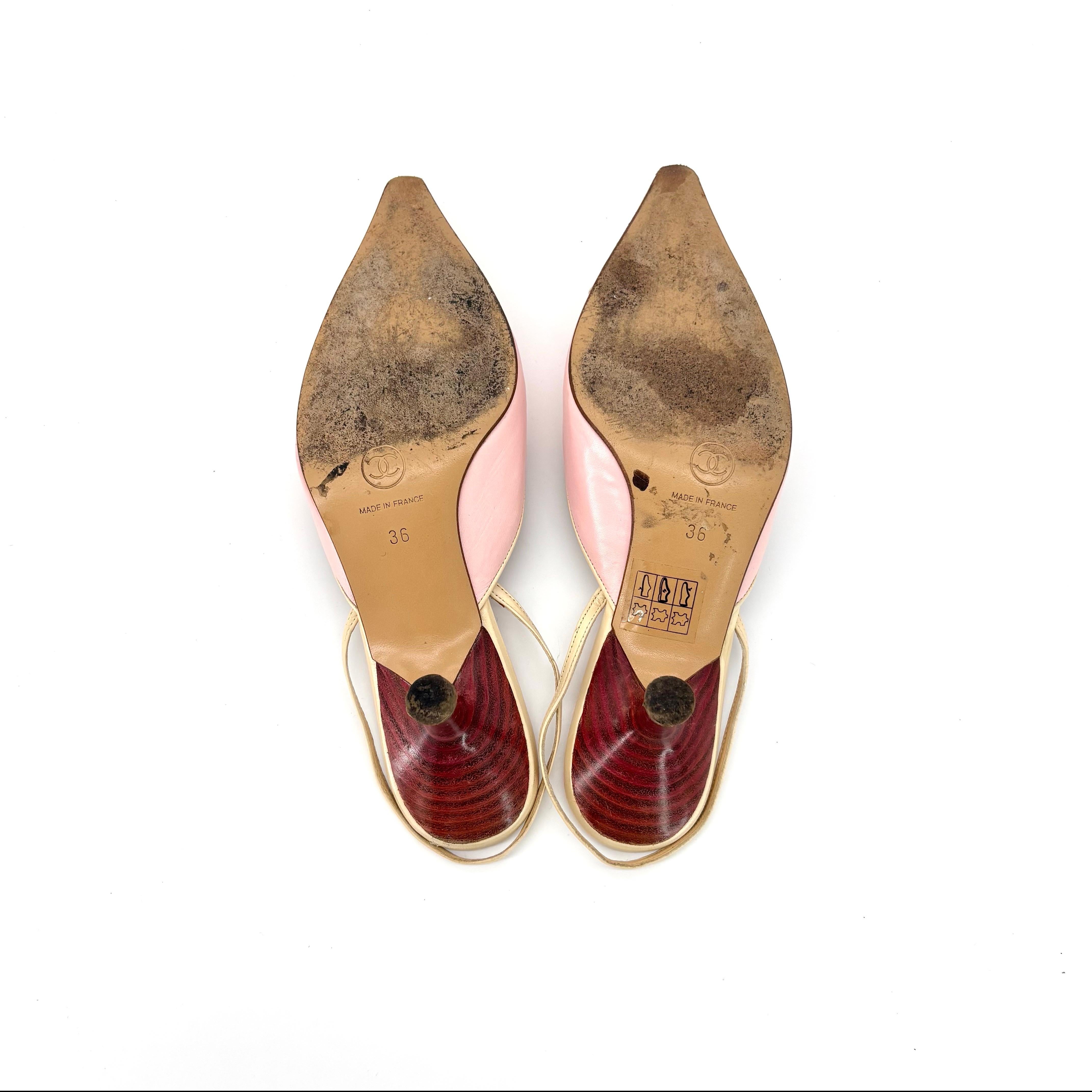 Vintage Chanel Pastell Rosa Cap Toe Slingback Kitten Heel Pointed Toe Pumps 36 Damen im Angebot