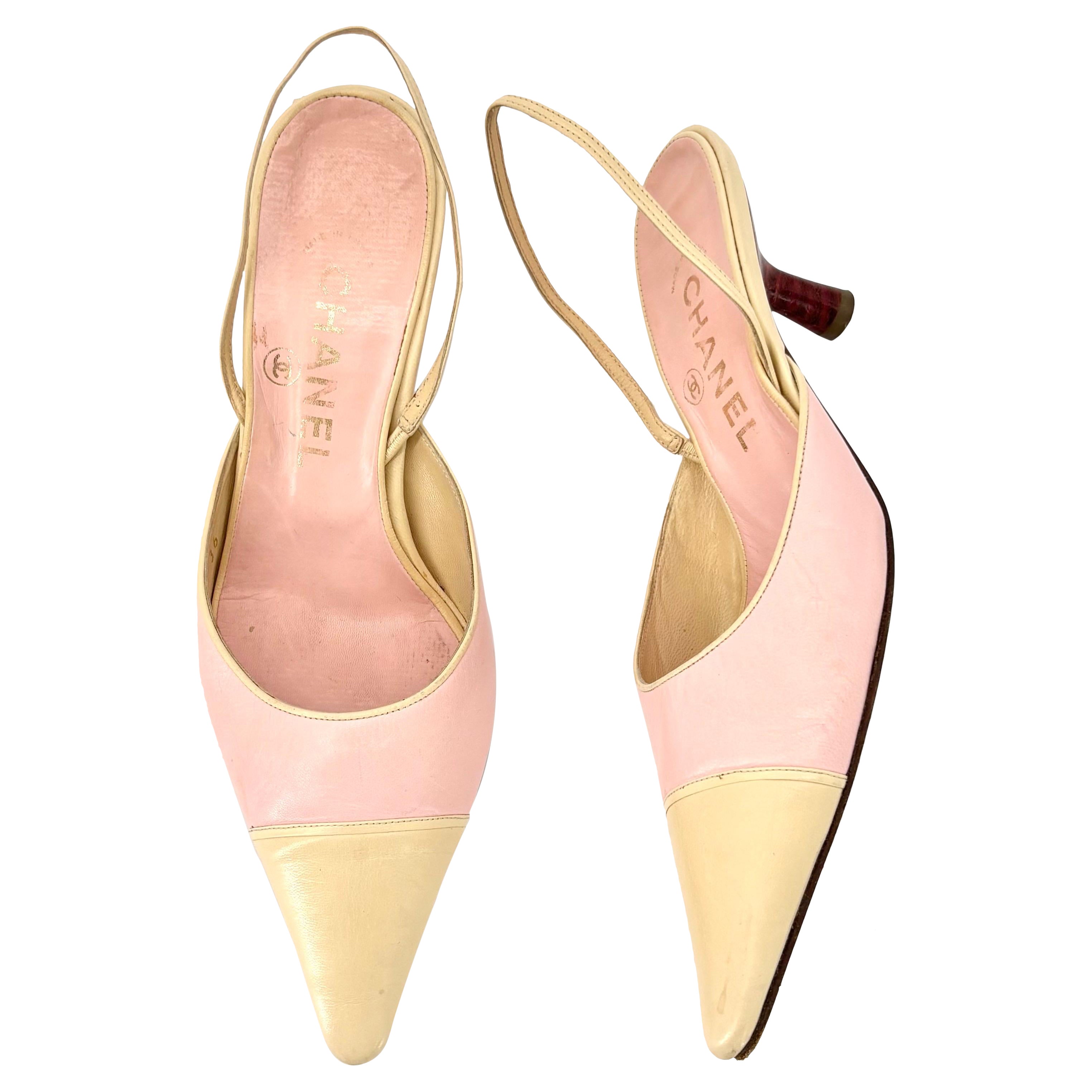 Vintage Chanel Pastell Rosa Cap Toe Slingback Kitten Heel Pointed Toe Pumps 36