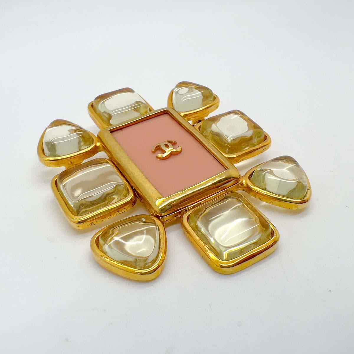 Women's Vintage Chanel Pastel Pink & Crystal Logo Brooch 1996 For Sale