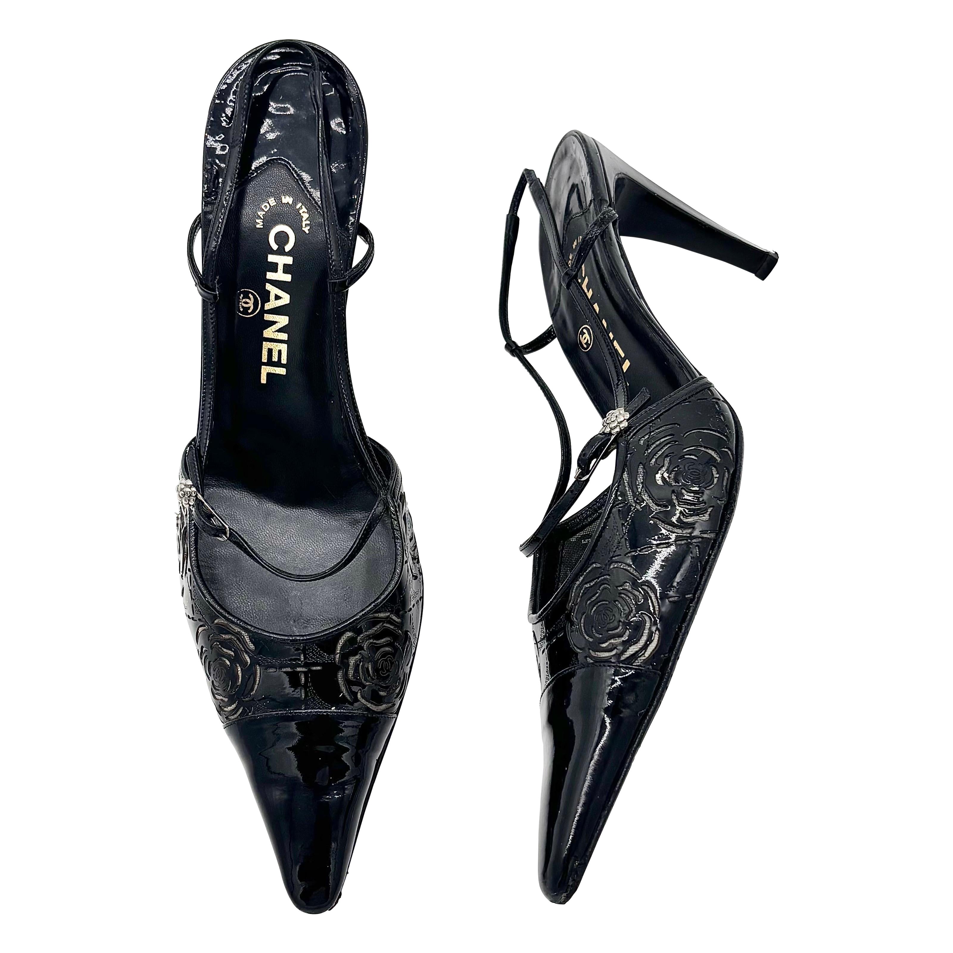 Vintage Chanel Patent Leather CC Camellia Flower Slingback Pumps 41