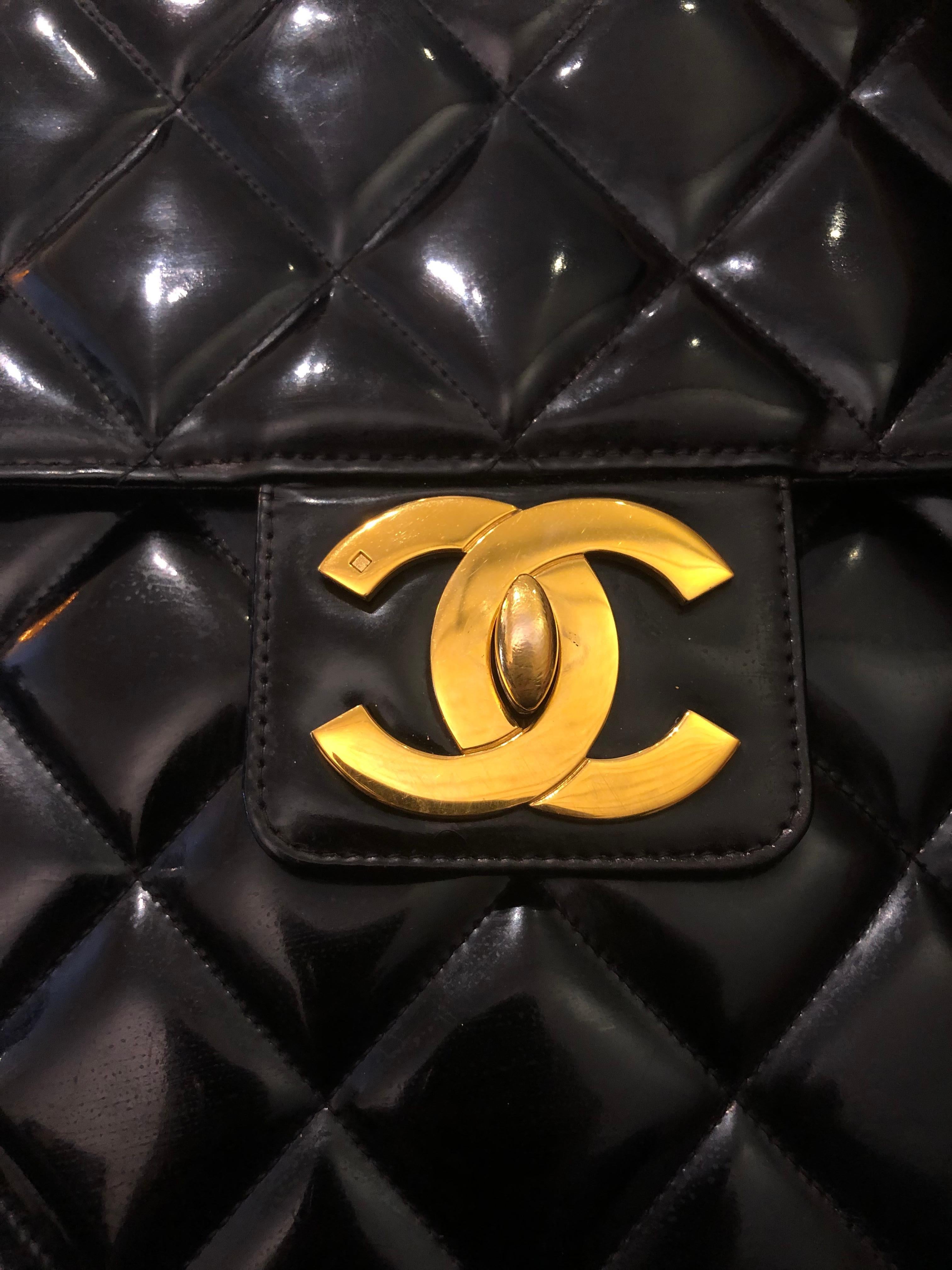 1990 Vintage CHANEL Patent Leather Jumbo Logo Briefcase Attaché Document Black 9