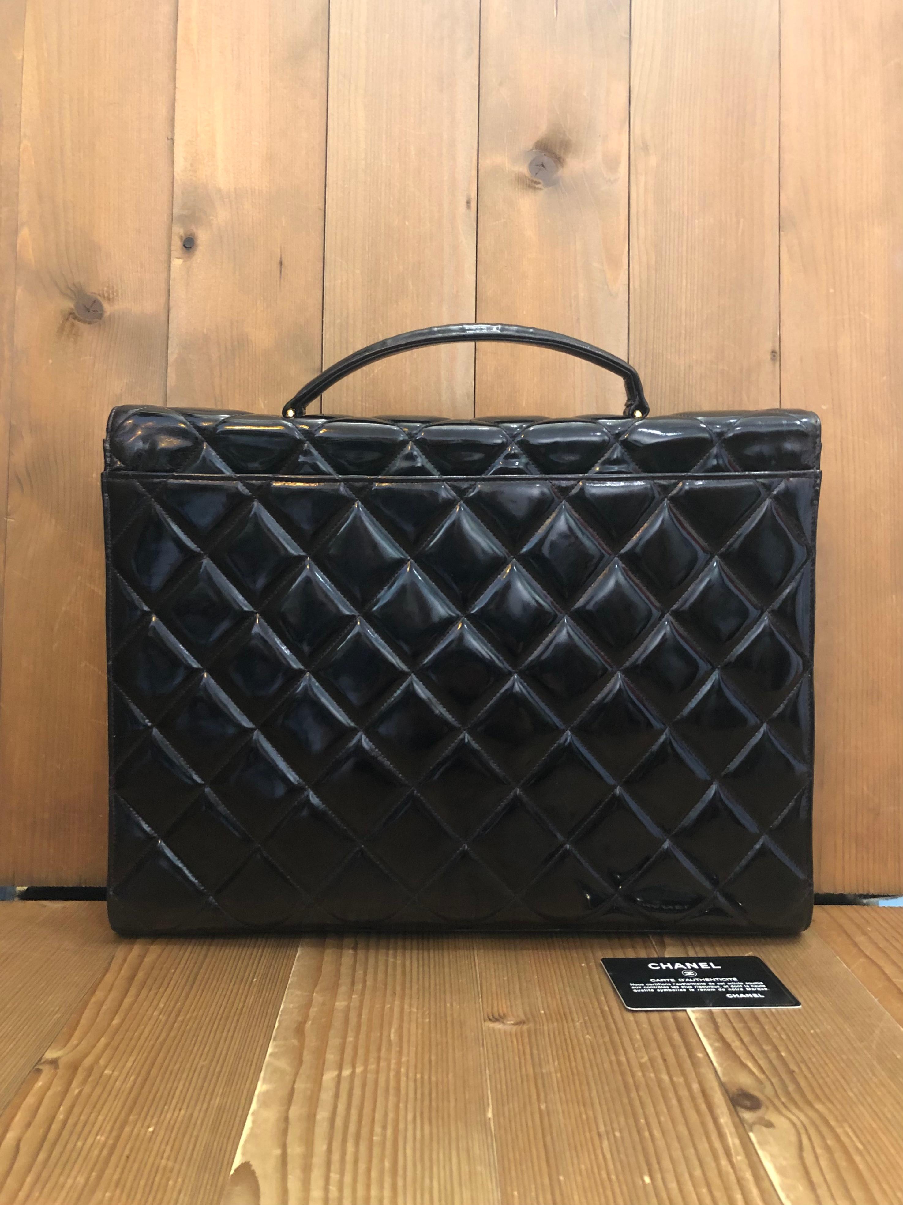 Noir 1990 Vintage CHANEL Patent Leather Jumbo Logo Briefcase Attaché Document Black