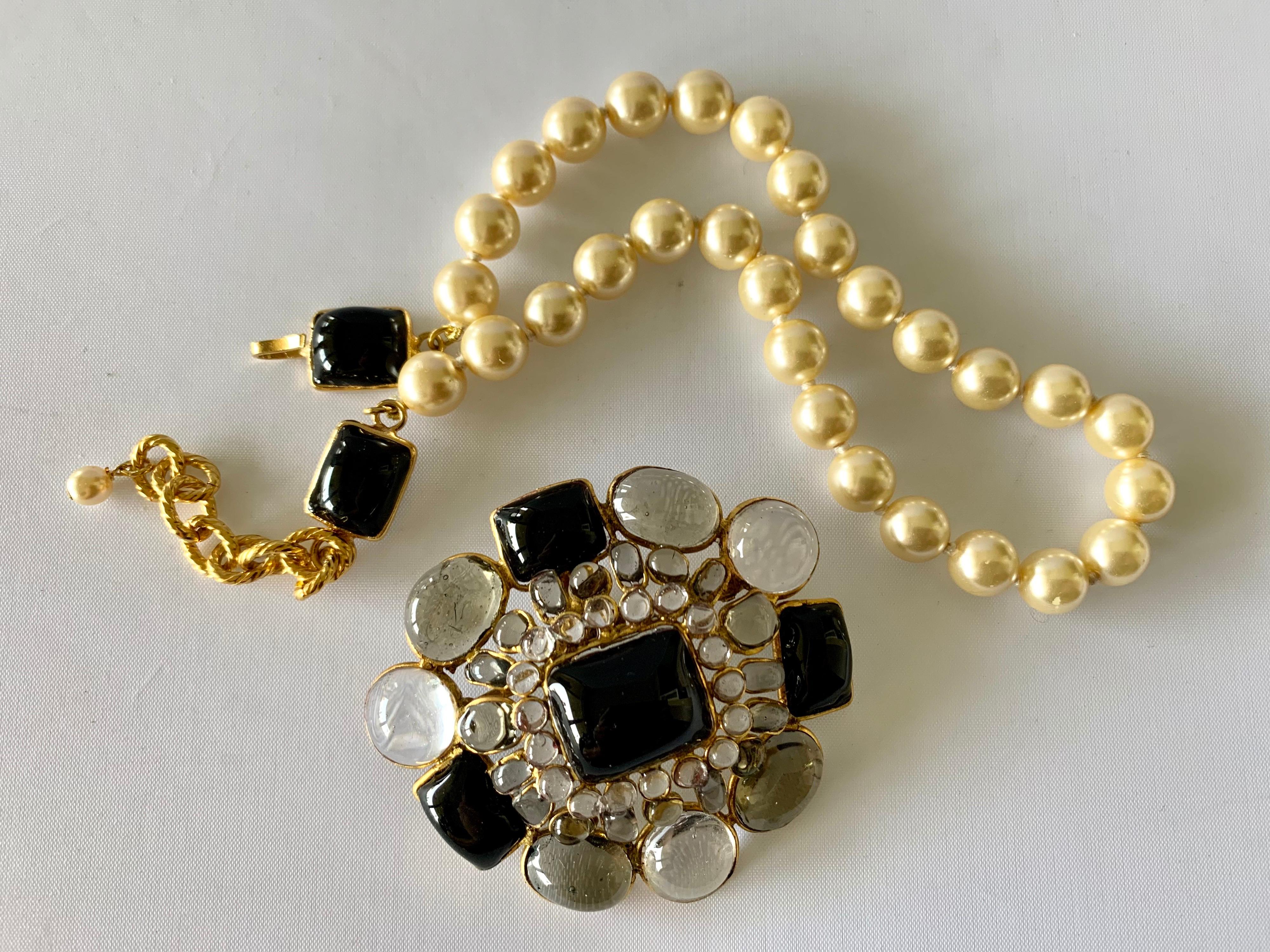 Artisan Vintage Chanel Pearl, Black and Clear Glass Pendant Statement Necklace/Brooch