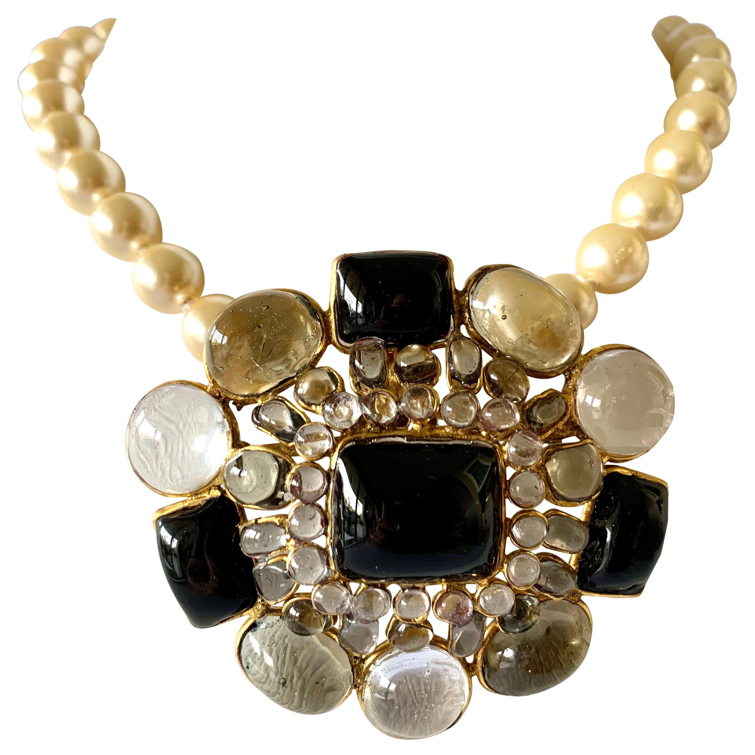 Vintage Chanel Pearl, Black and Clear Glass Pendant Statement Necklace/Brooch