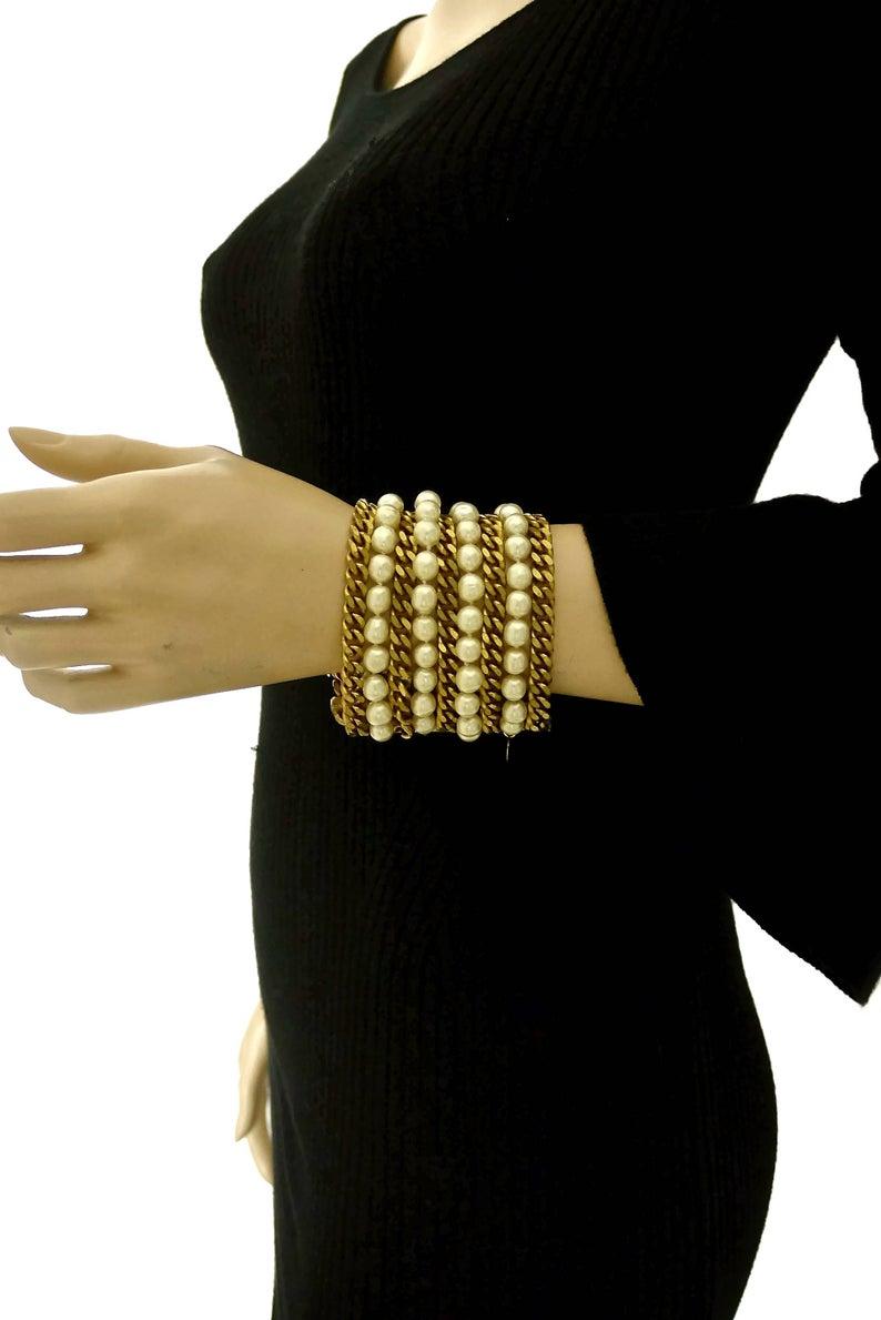 Women's Vintage CHANEL Pearl Chain 9 Multistrand Wide Bracelet For Sale