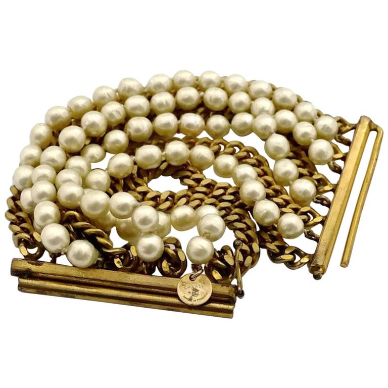 Vintage CHANEL Pearl Chain 9 Multistrand Wide Bracelet For Sale at