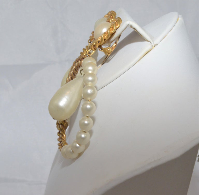 Vintage Chanel Pearl and Chain Hoop Earrings with Large Pearl Drop at