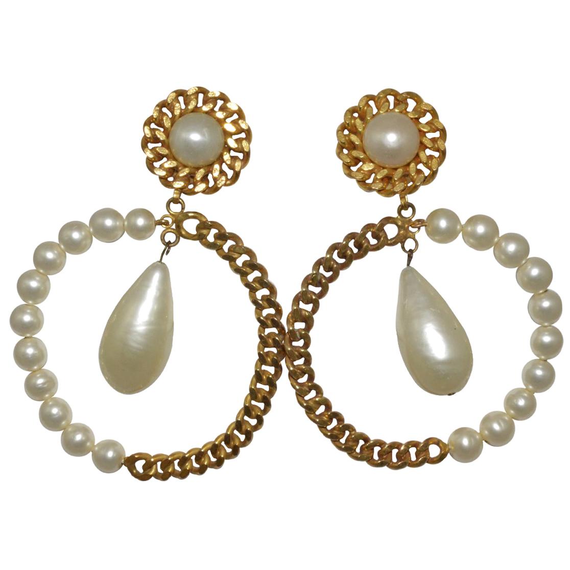 Vintage Chanel Pearl & Chain Hoop Earrings with Large Pearl Drop