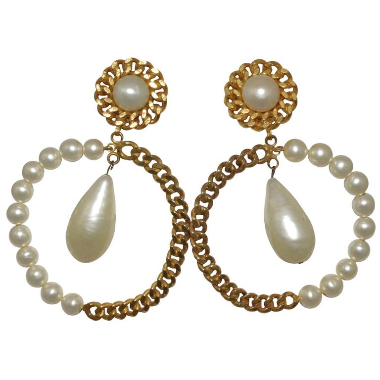 Vintage Chanel Pearl and Chain Hoop Earrings with Large Pearl Drop at  1stDibs  chanel hoop pearl earrings, chanel hoop earrings with pearls, chanel  pearl hoop earrings
