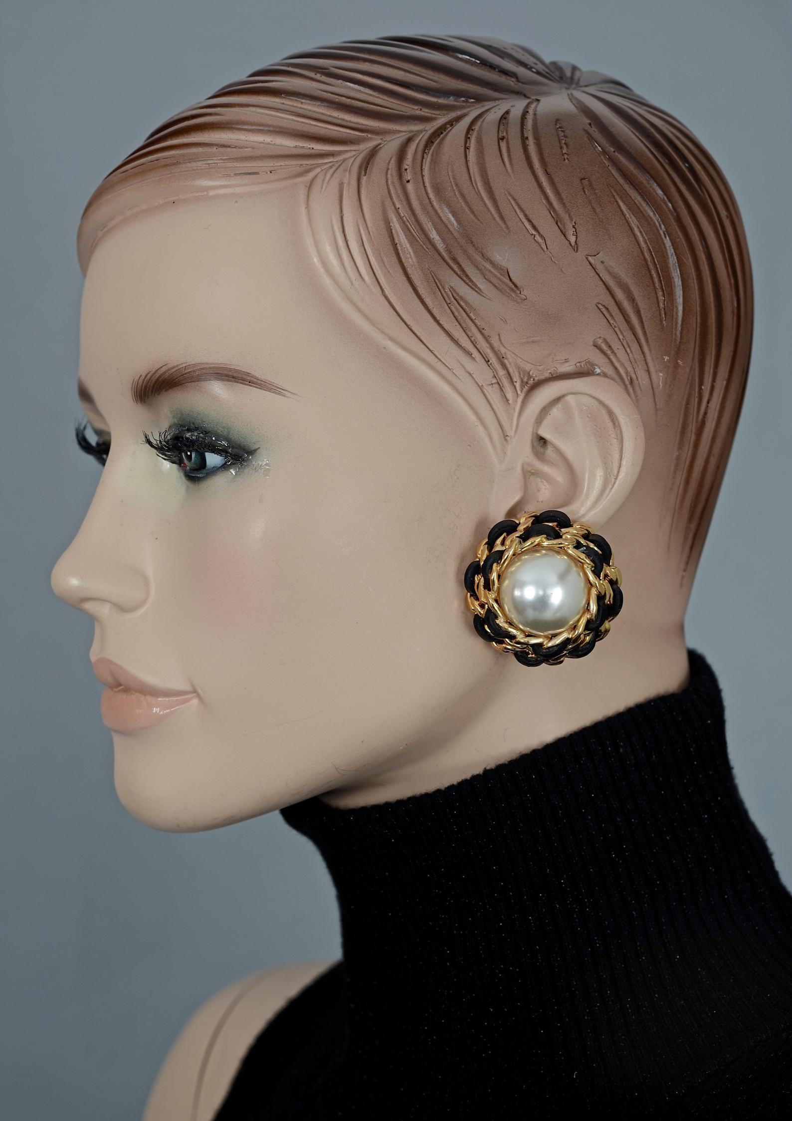 Vintage CHANEL Pearl Leather Chain Classic Earrings 3