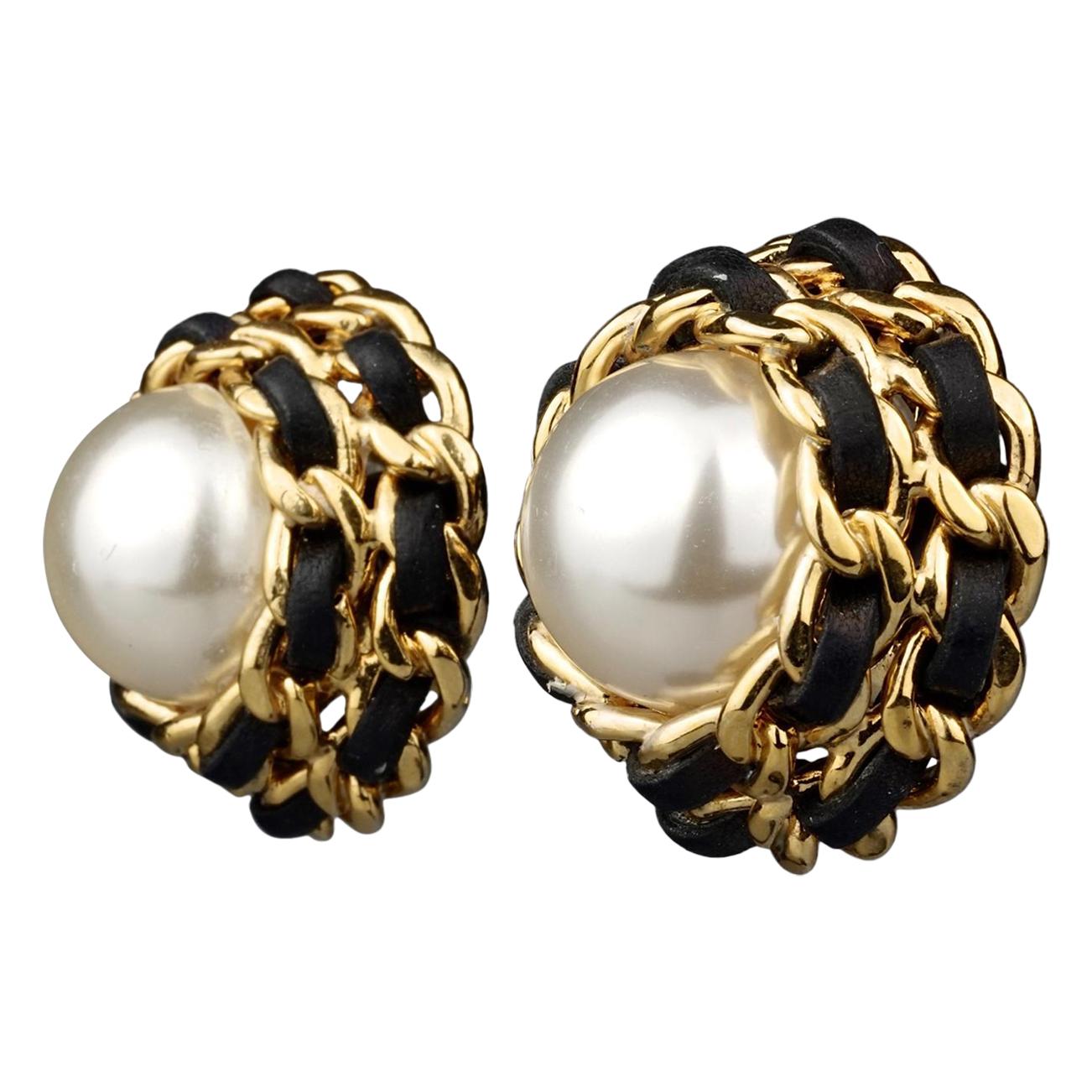 Vintage CHANEL Pearl Leather Chain Classic Earrings at 1stDibs