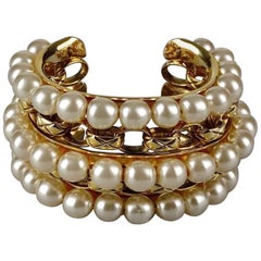 Vintage CHANEL Pearl Quilted Wide Cuff Bracelet