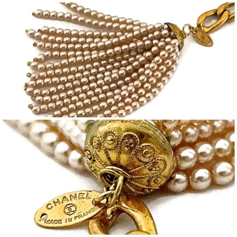 Beige Vintage CHANEL Pearl Tassel Chain Necklace Belt For Sale