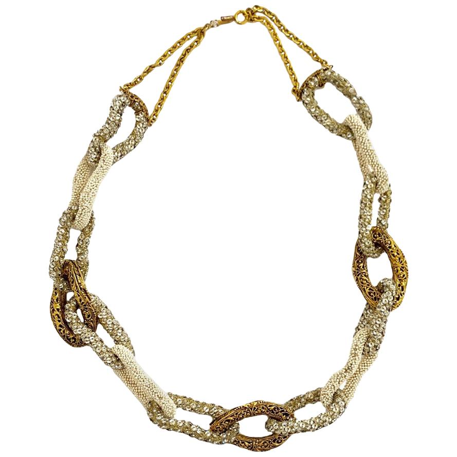 Vintage Chanel Pearls Rhinestone Gold Tone Necklace