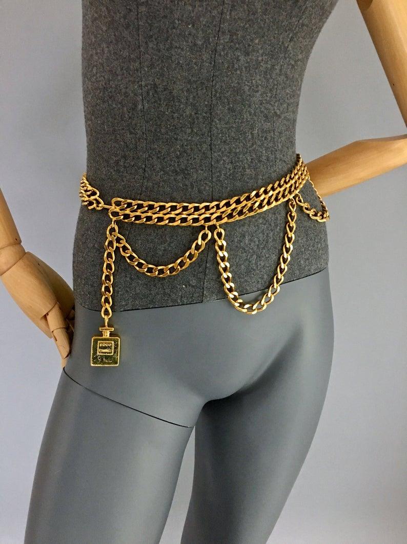 Beige Vintage CHANEL Perfume Bottle Charm Tiered Chain Necklace Belt For Sale