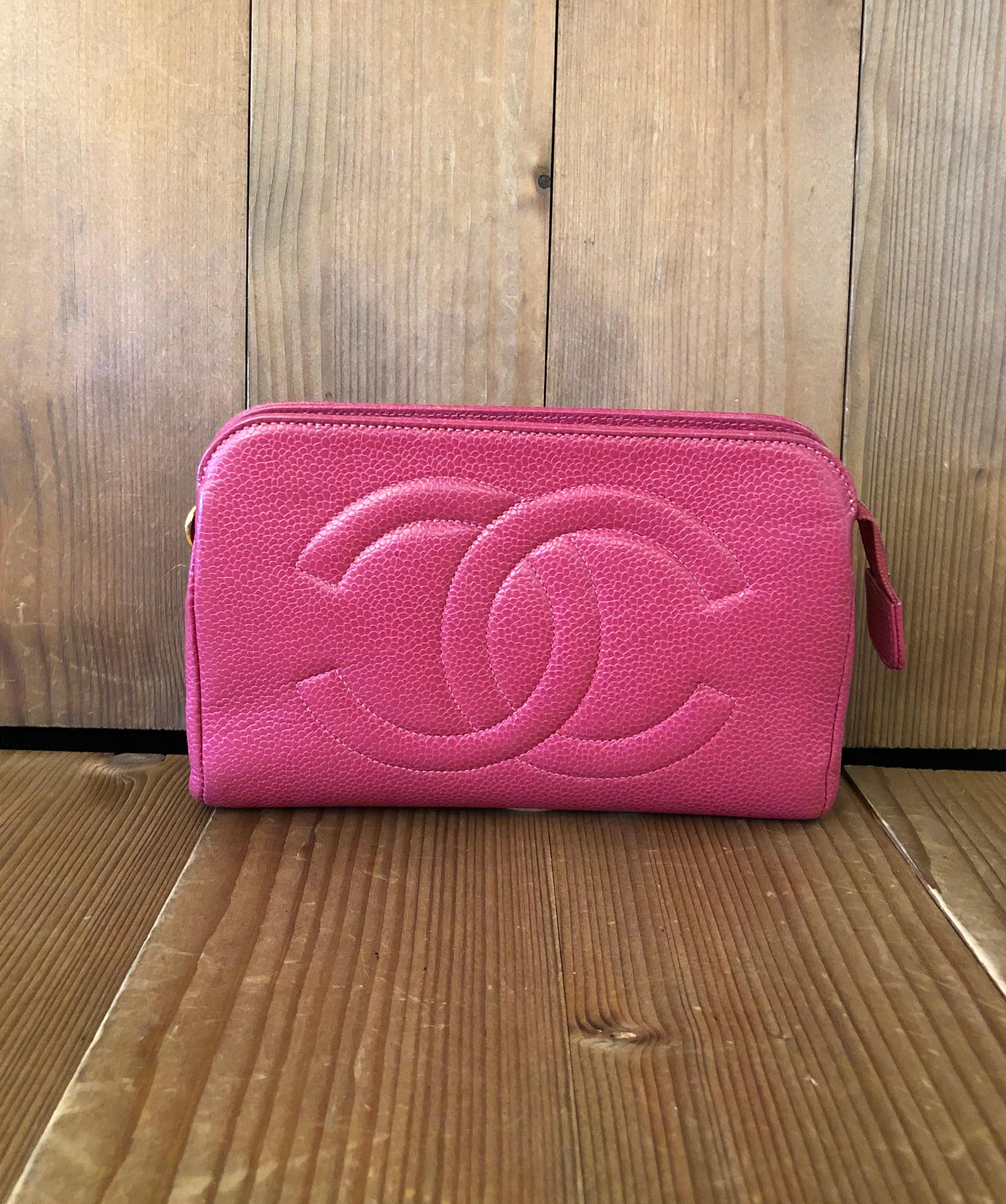 Women's or Men's Vintage CHANEL Pink Caviar Leather Pouch Bag Clutch Bag (Altered)