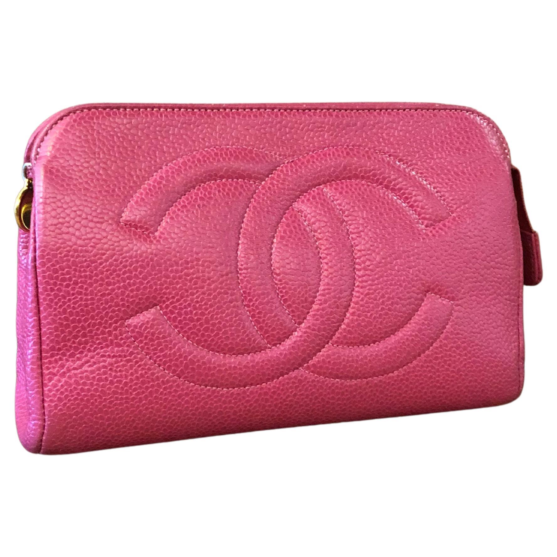 Vintage CHANEL Pink Caviar Leather Pouch Bag Clutch Bag (Altered)