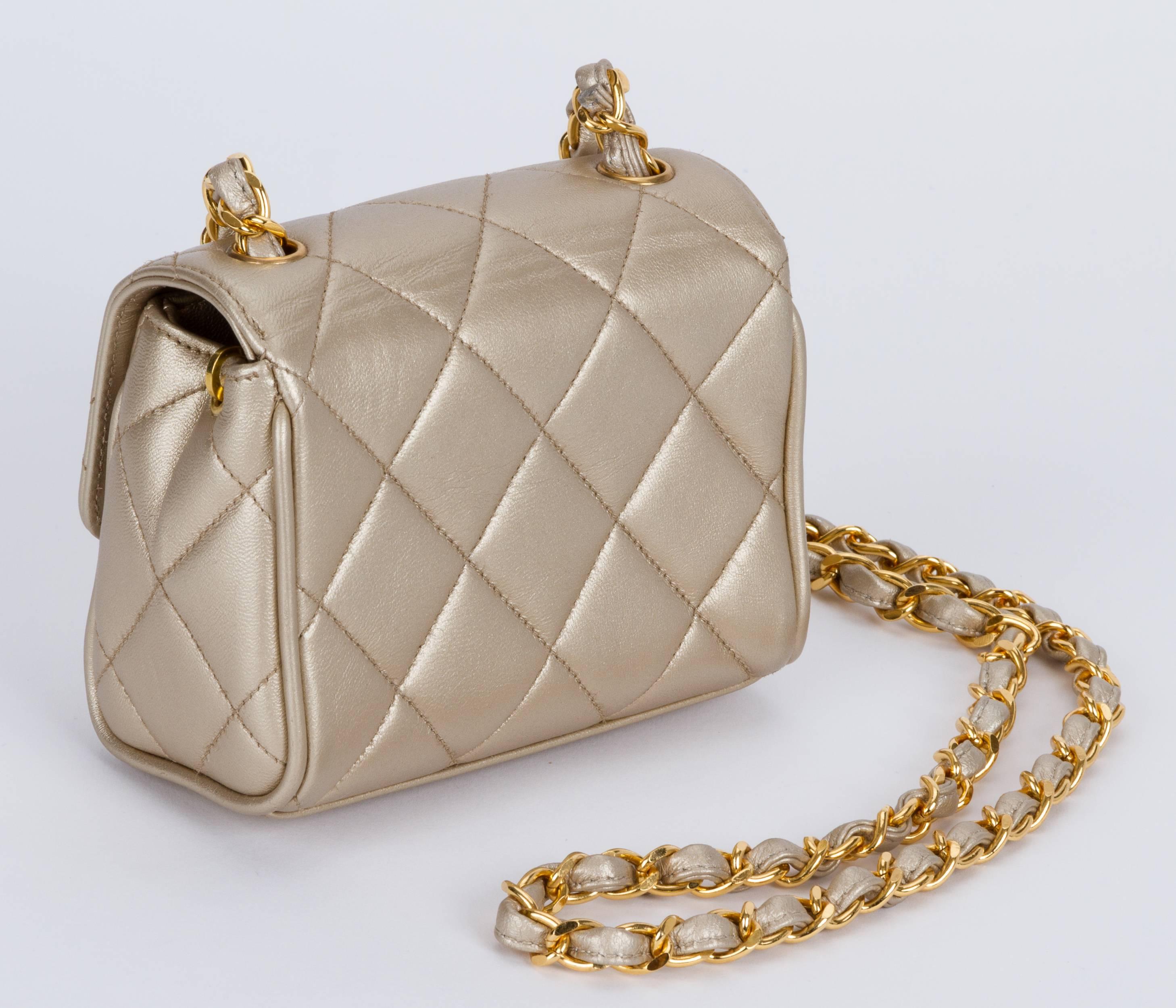 Beige Vintage Chanel Platinum Metallic Quilted Lambskin Crossbody Evening Bag
