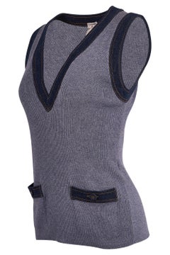 Vintage Chanel Plunge V-Ausschnitt Denim Kaschmir Strickweste