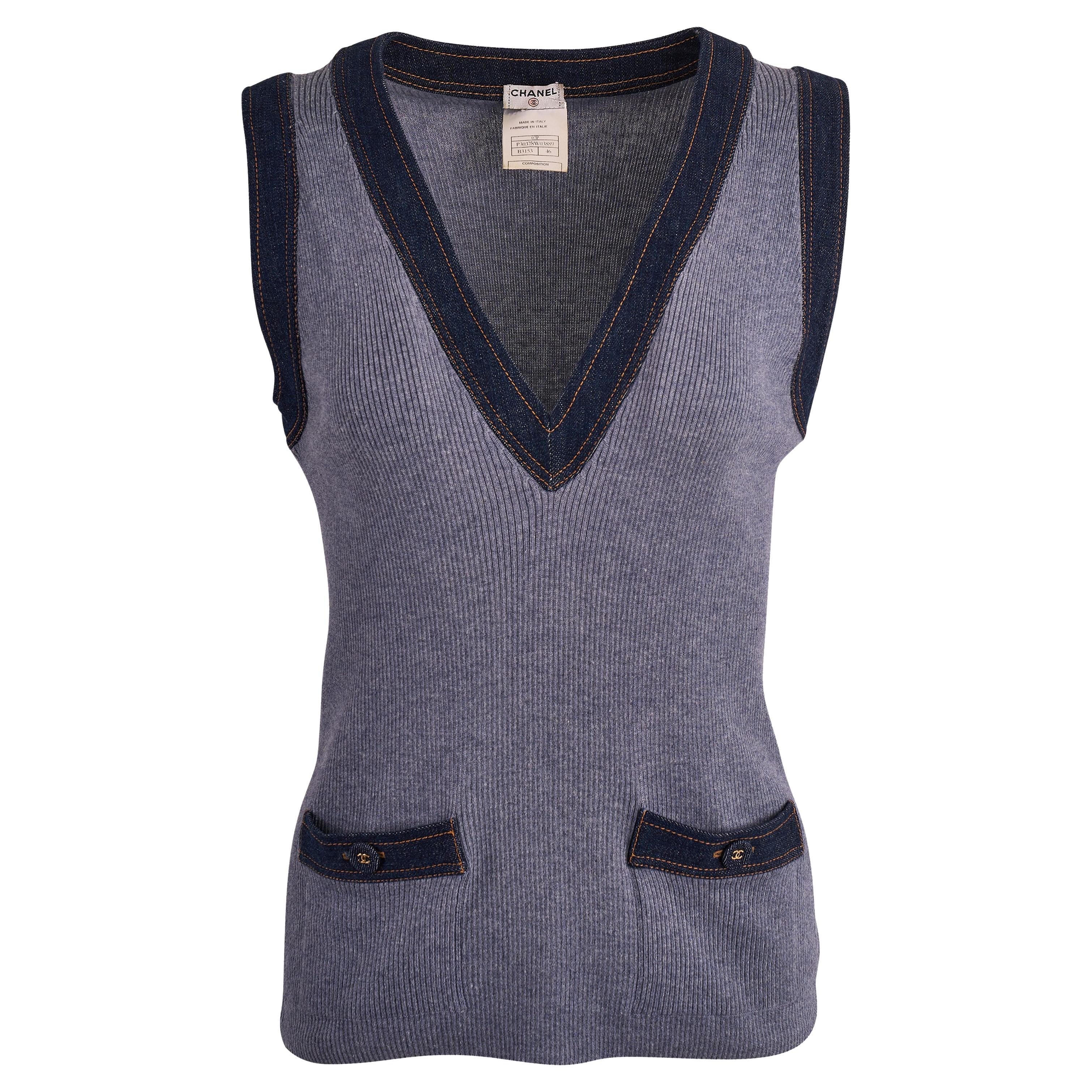 Vintage Chanel Plunge V-Neck Denim Cashmere Knit Vest