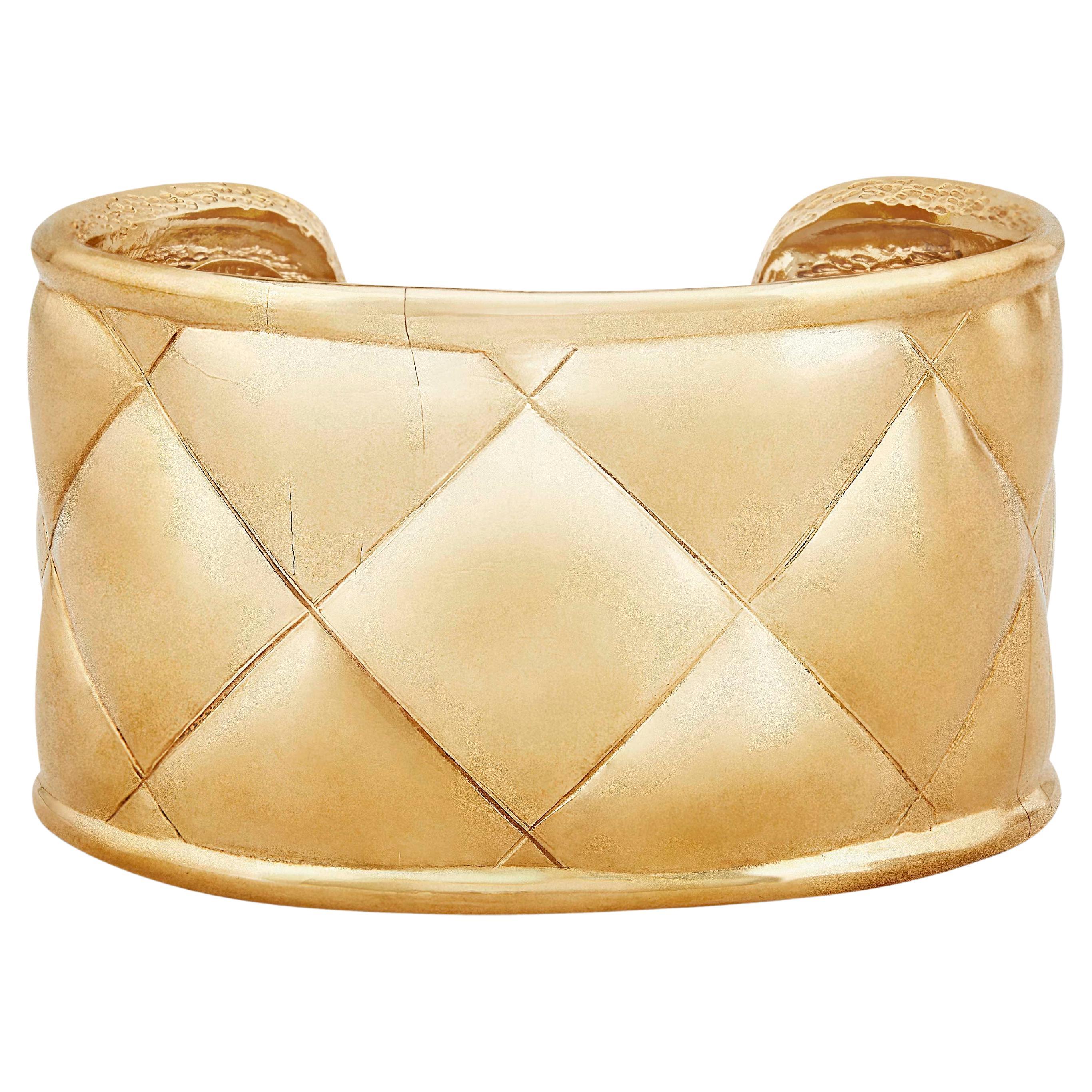 Authentic Chanel Gold Calfskin Leather Logo Cuff Bracelet For Sale 