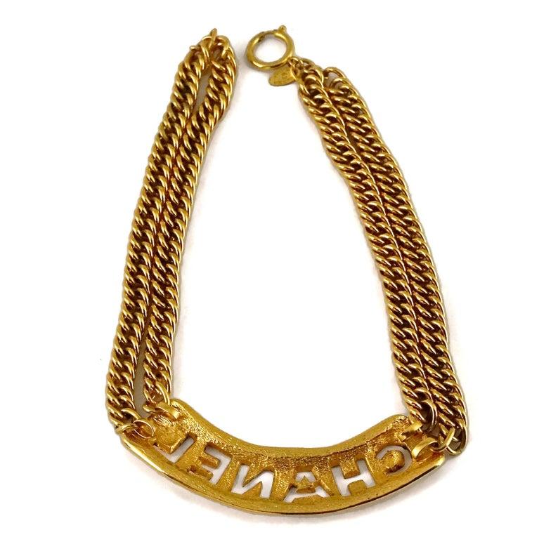 Vintage CHANEL Quilted Cut Out Plate Double Chain Necklace For Sale 3
