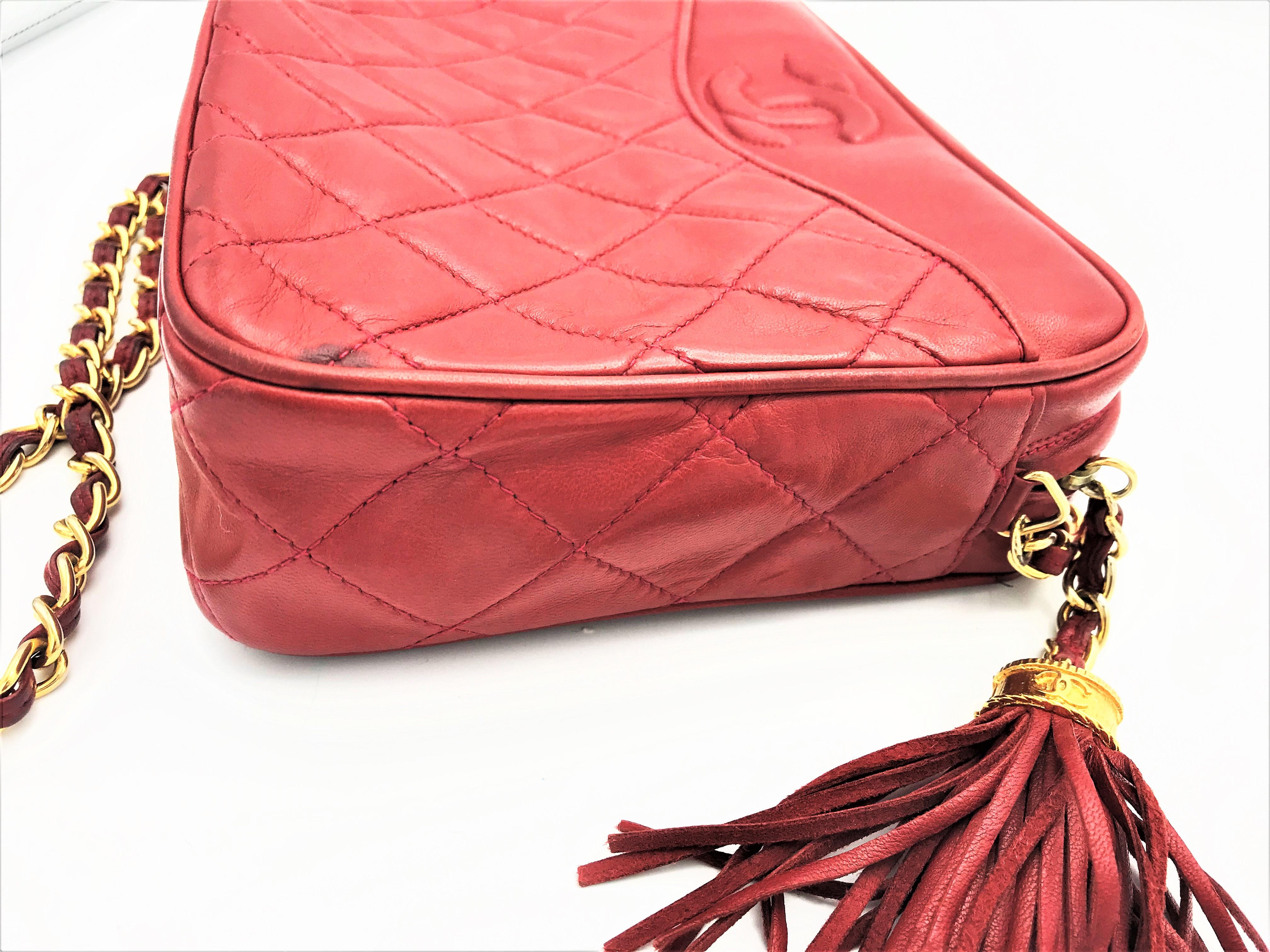 Pink Vintage Chanel quilted lambskin bag, red, 1985 and Carte E'Authenticite  For Sale