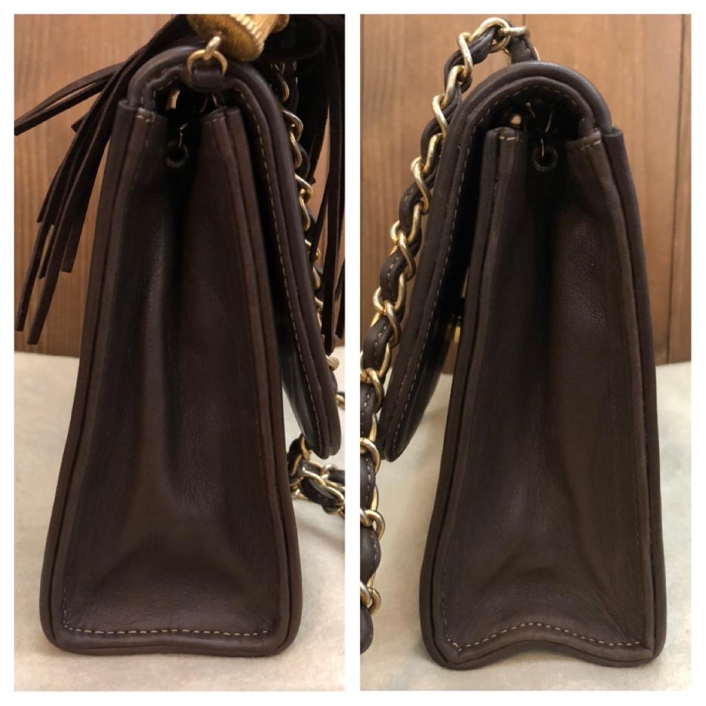 Women's or Men's Vintage CHANEL Diamond Quilted Lambskin Tassel Flap Bag Brown For Sale