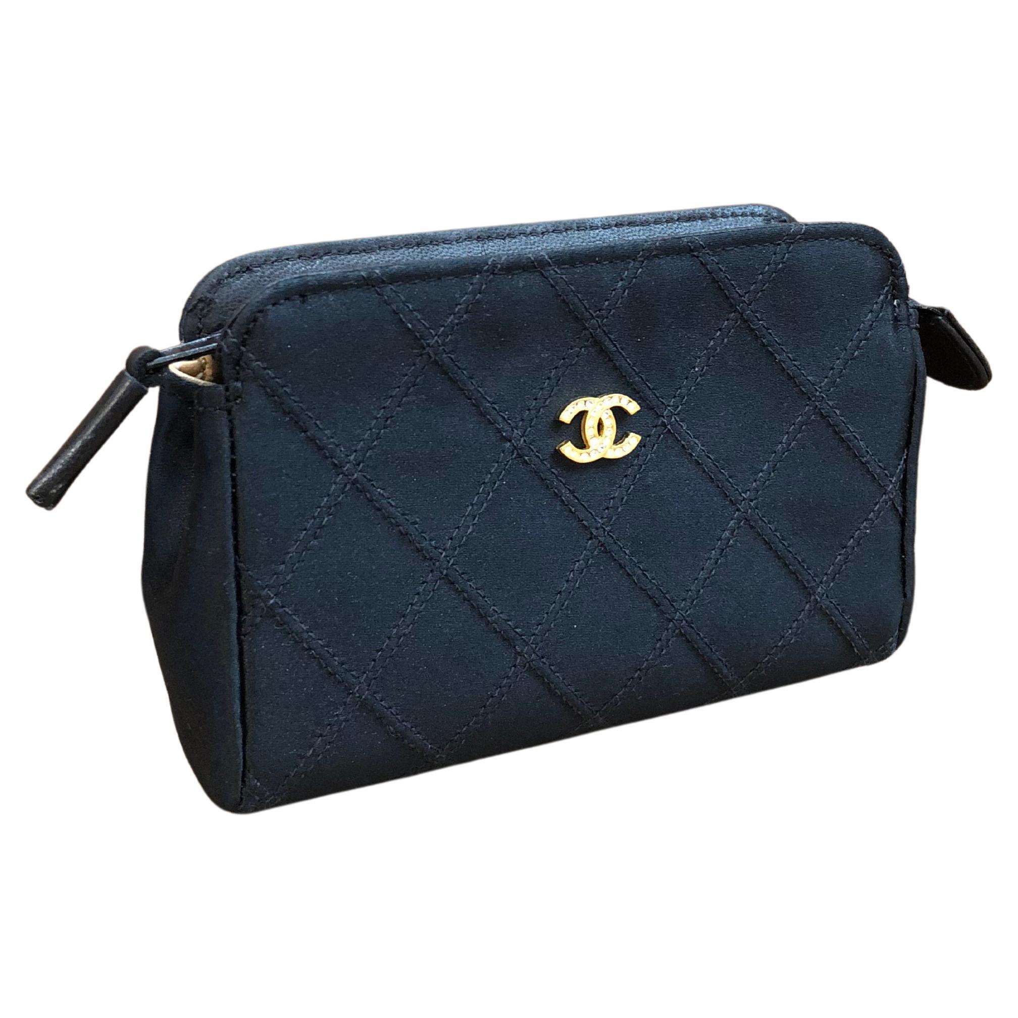 Vintage CHANEL Quilted Satin Mini Pouch Bag Black