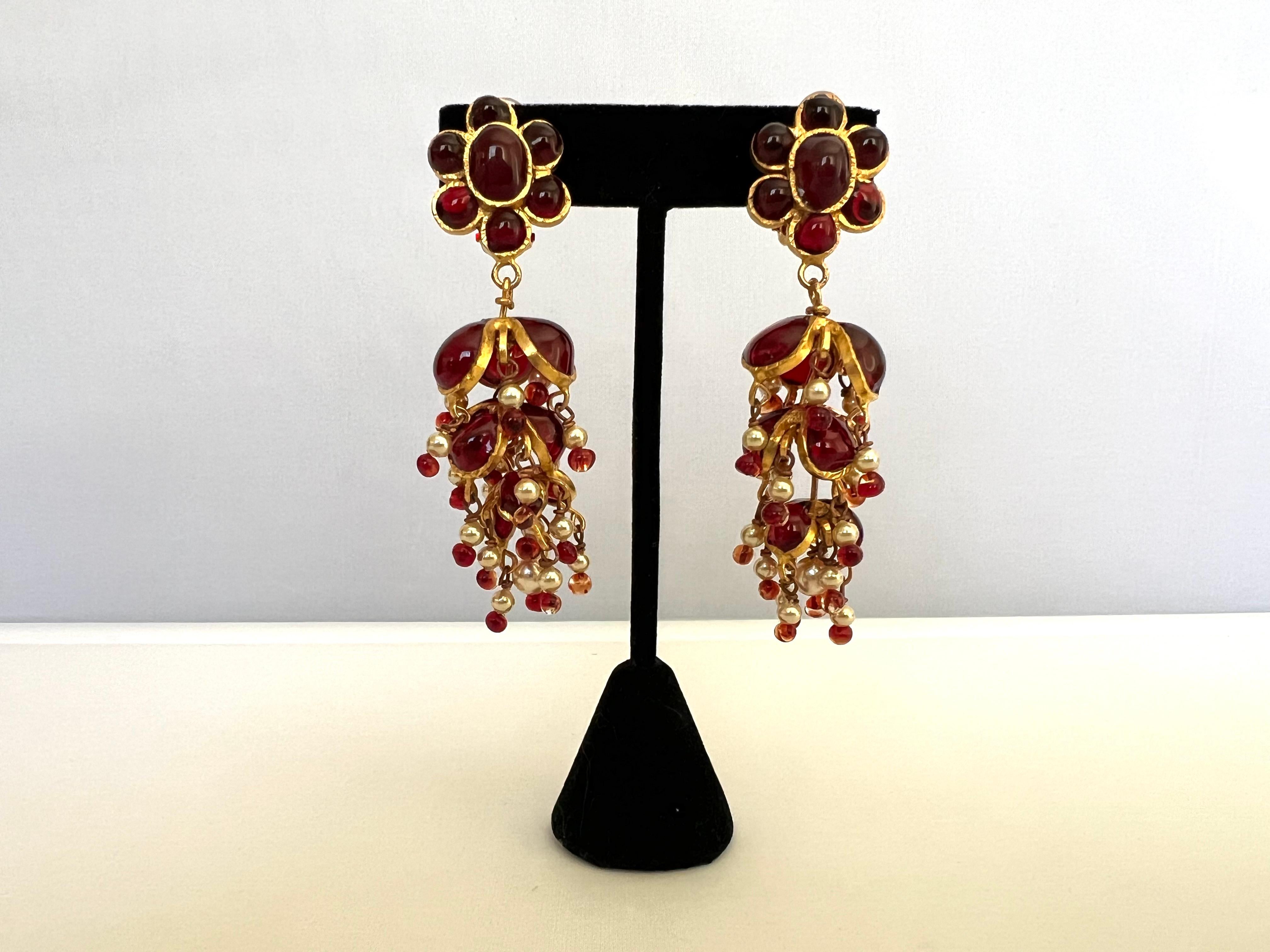 Exquisite scarce vintage Coco Chanel Anglo-Indian style statement clip-on earrings. The long earrings are comprised of gilt metal 