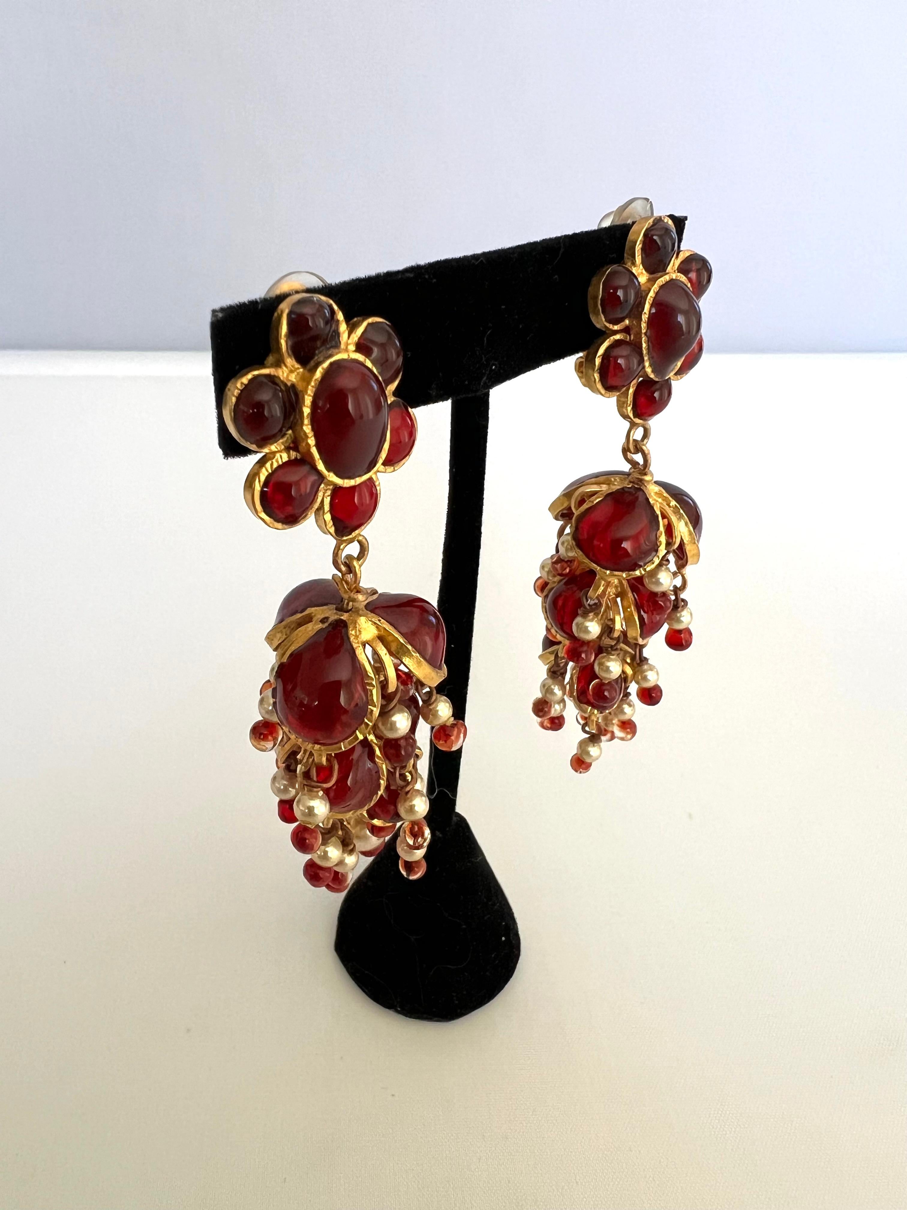 Artisan Vintage Chanel Red and Pearl Anglo-Indian Statement Earrings For Sale