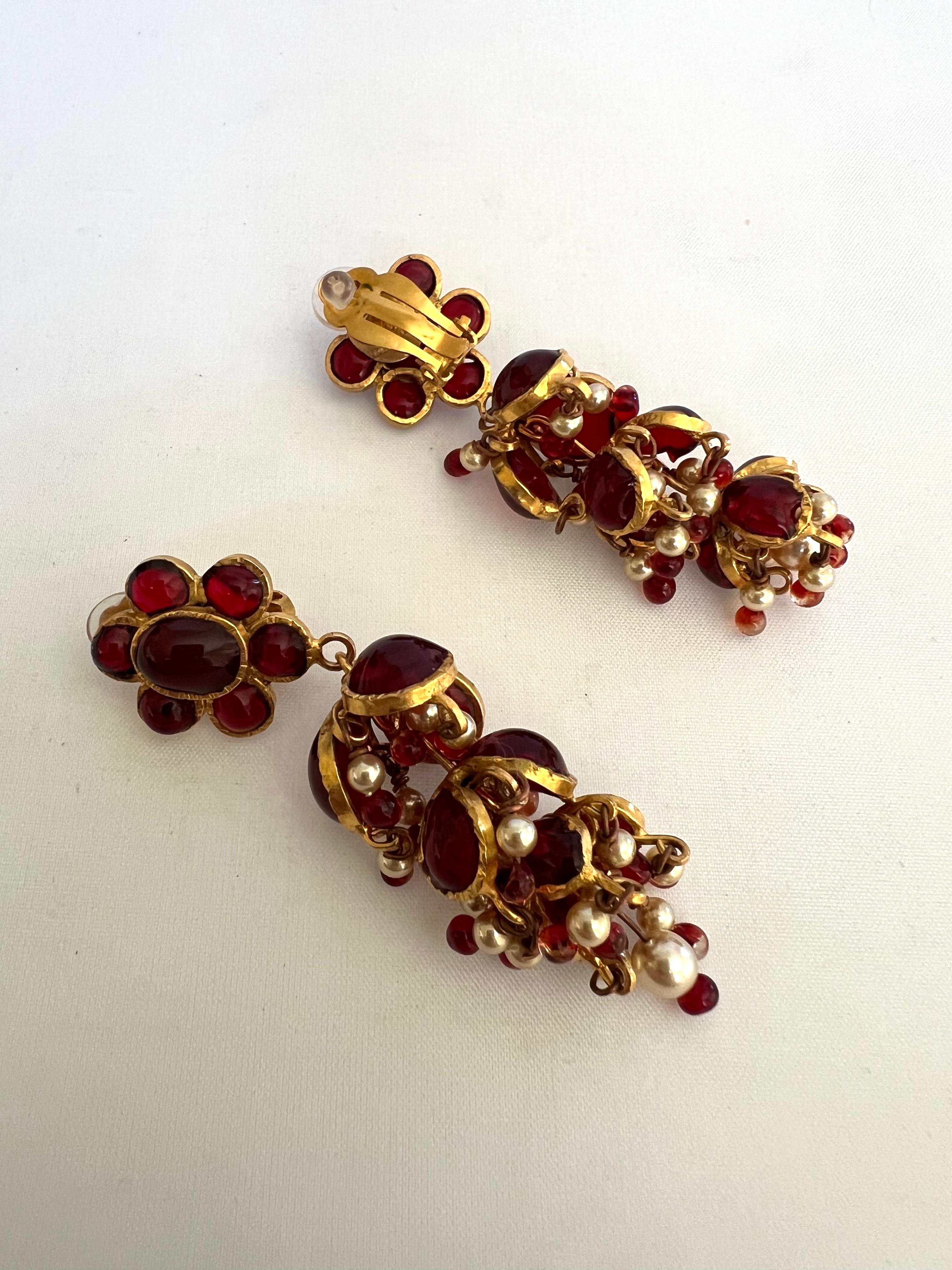 Bead Vintage Chanel Red and Pearl Anglo-Indian Statement Earrings For Sale