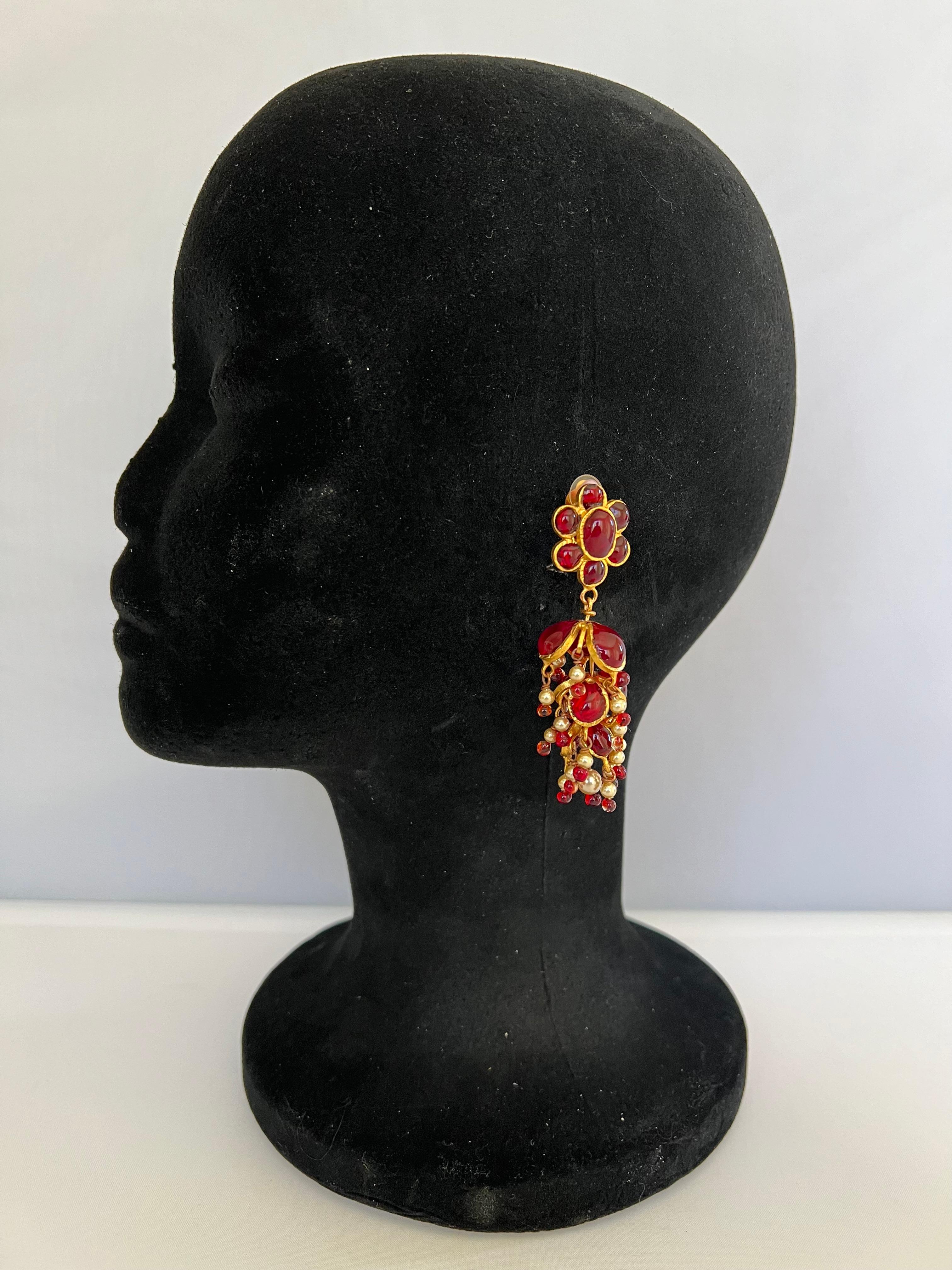 Women's Vintage Chanel Red and Pearl Anglo-Indian Statement Earrings For Sale