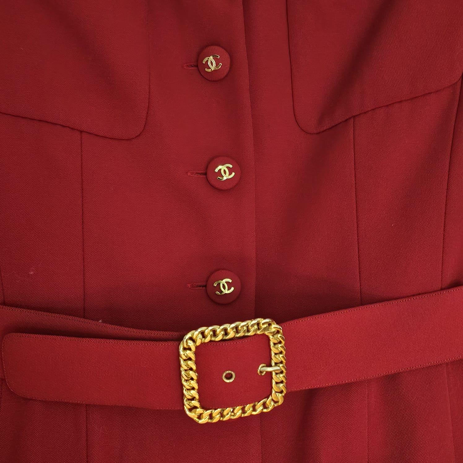 Vintage Chanel Red Belted Blazer Wool Dress For Sale 1