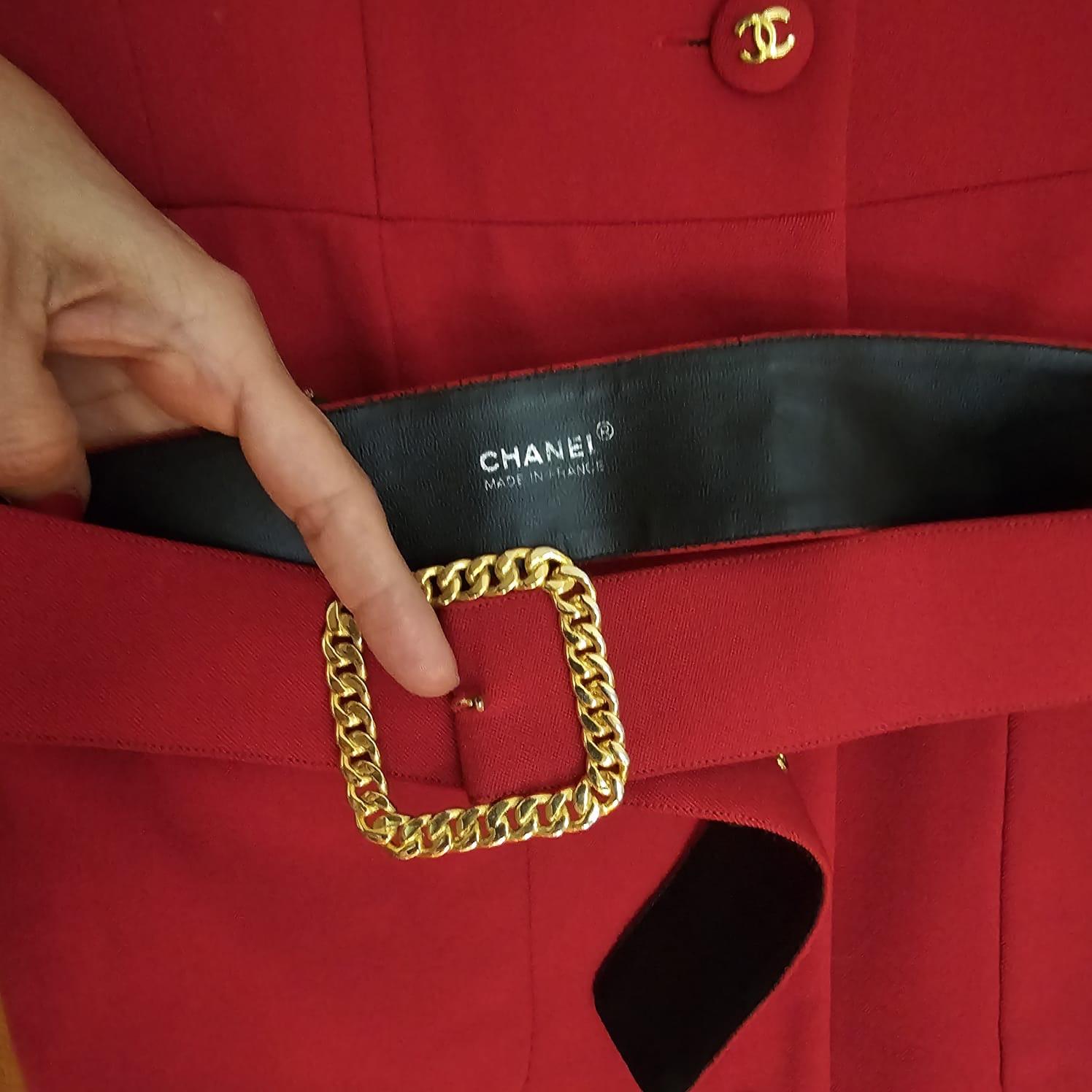 Vintage Chanel Red Belted Blazer Wool Dress For Sale 4
