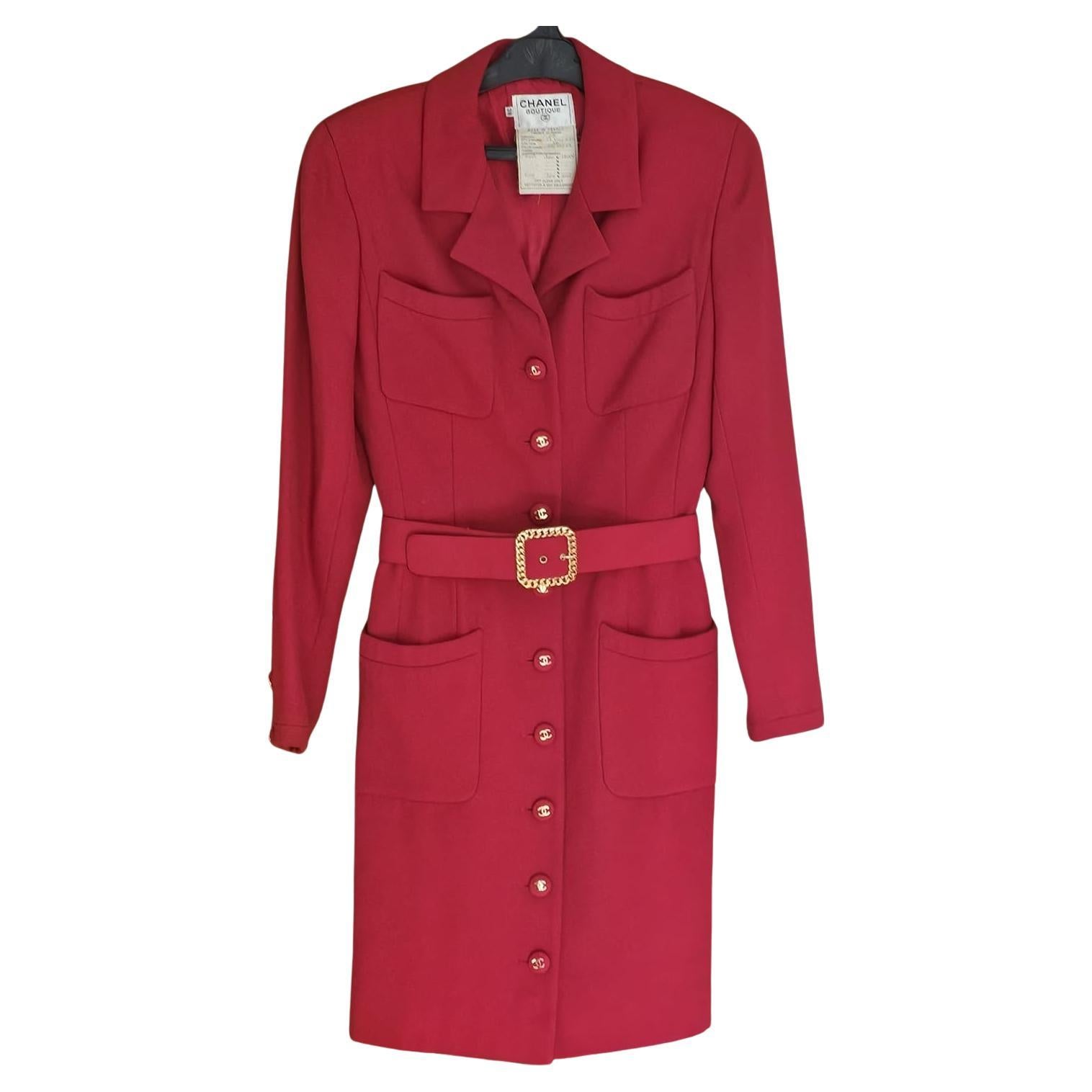 Vintage Chanel Red Belted Blazer Wool Dress For Sale