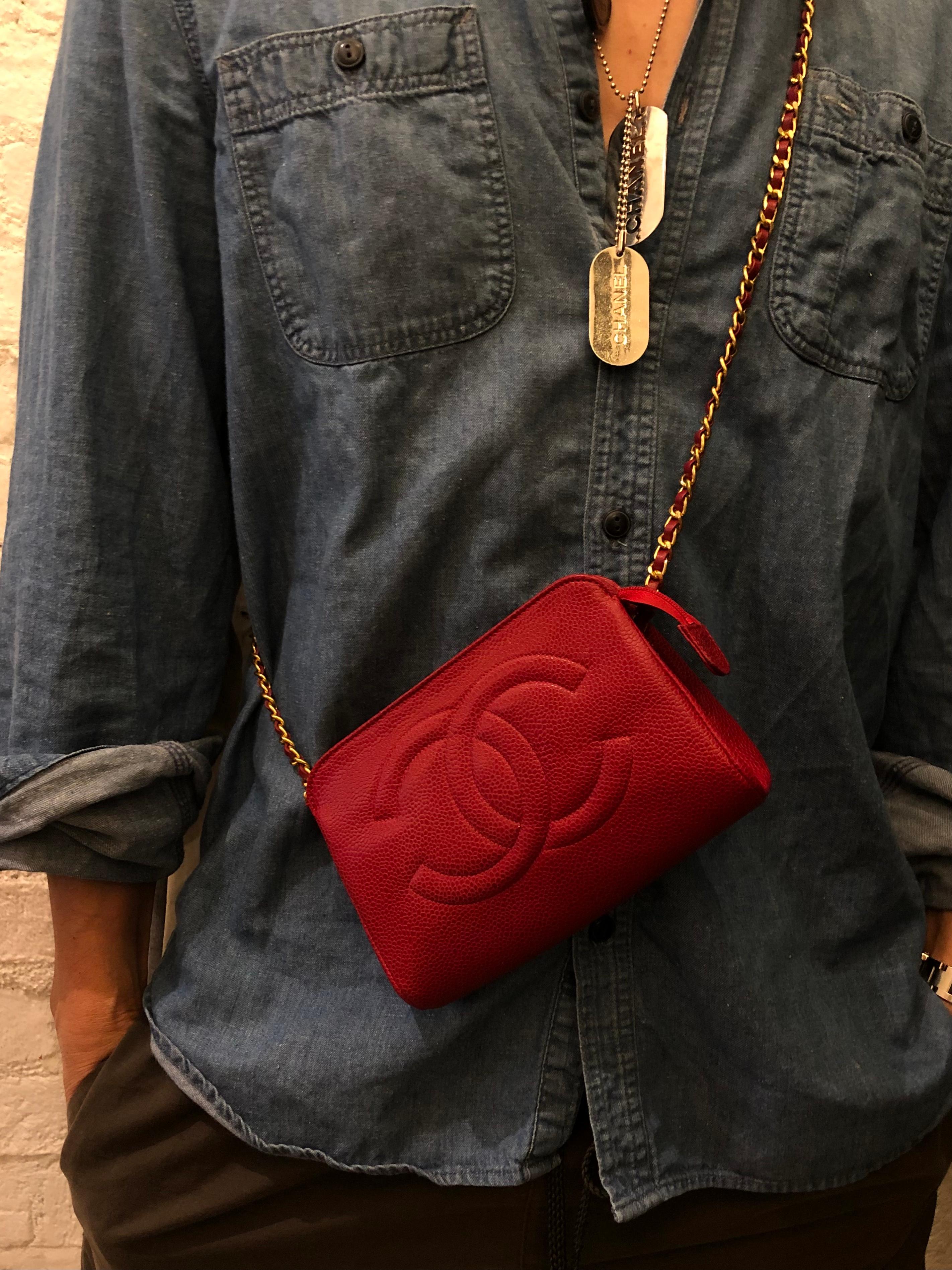 Women's or Men's RESERVED Vintage CHANEL Red Caviar Leather Pouch Bag Clutch (Altered)