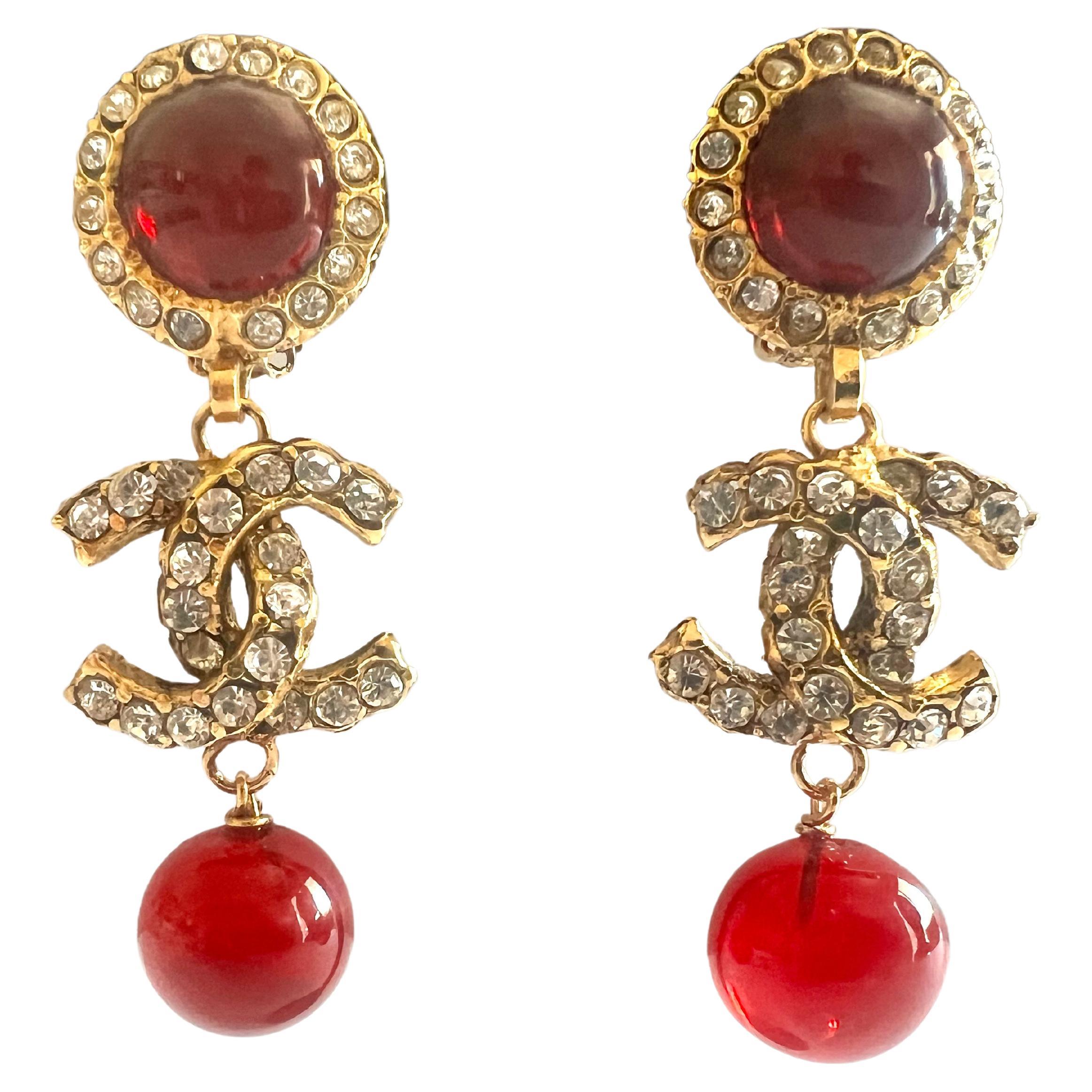 Vintage Chanel Red Glass Gilt Logo CC Diamante Earrings