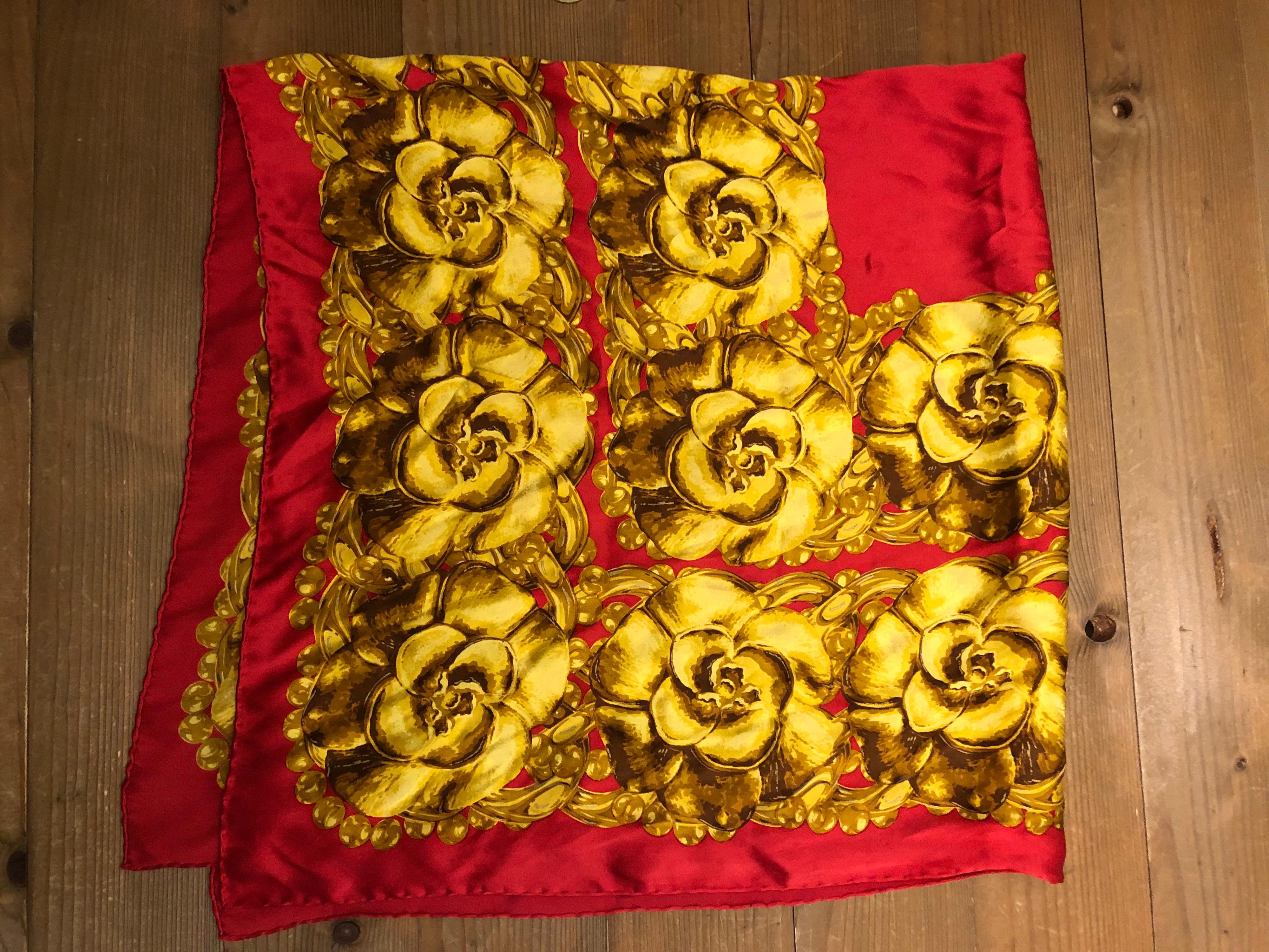 Brown 1990s Vintage CHANEL Red Gold Camellia Silk Scarf