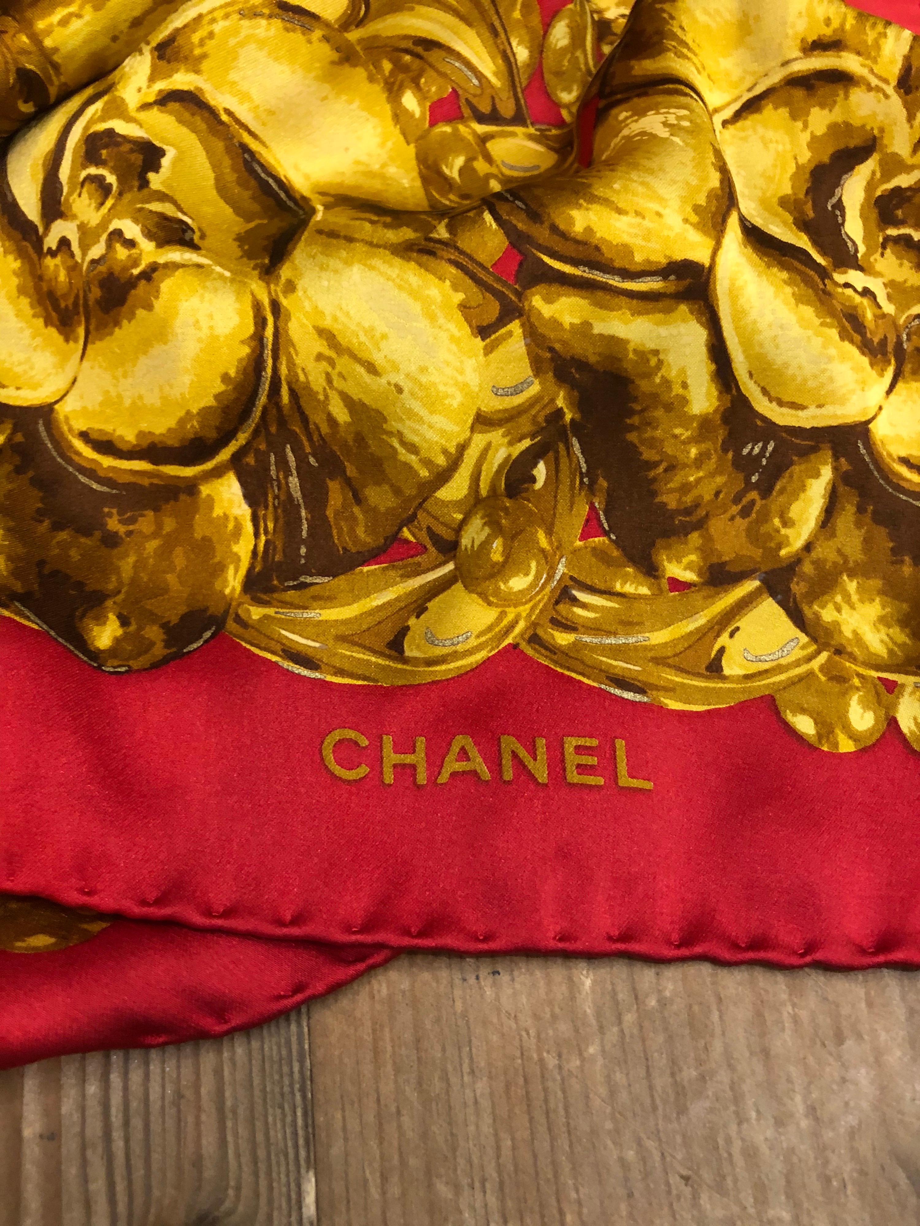 1990s Vintage CHANEL Red Gold Camellia Silk Scarf In Good Condition In Bangkok, TH