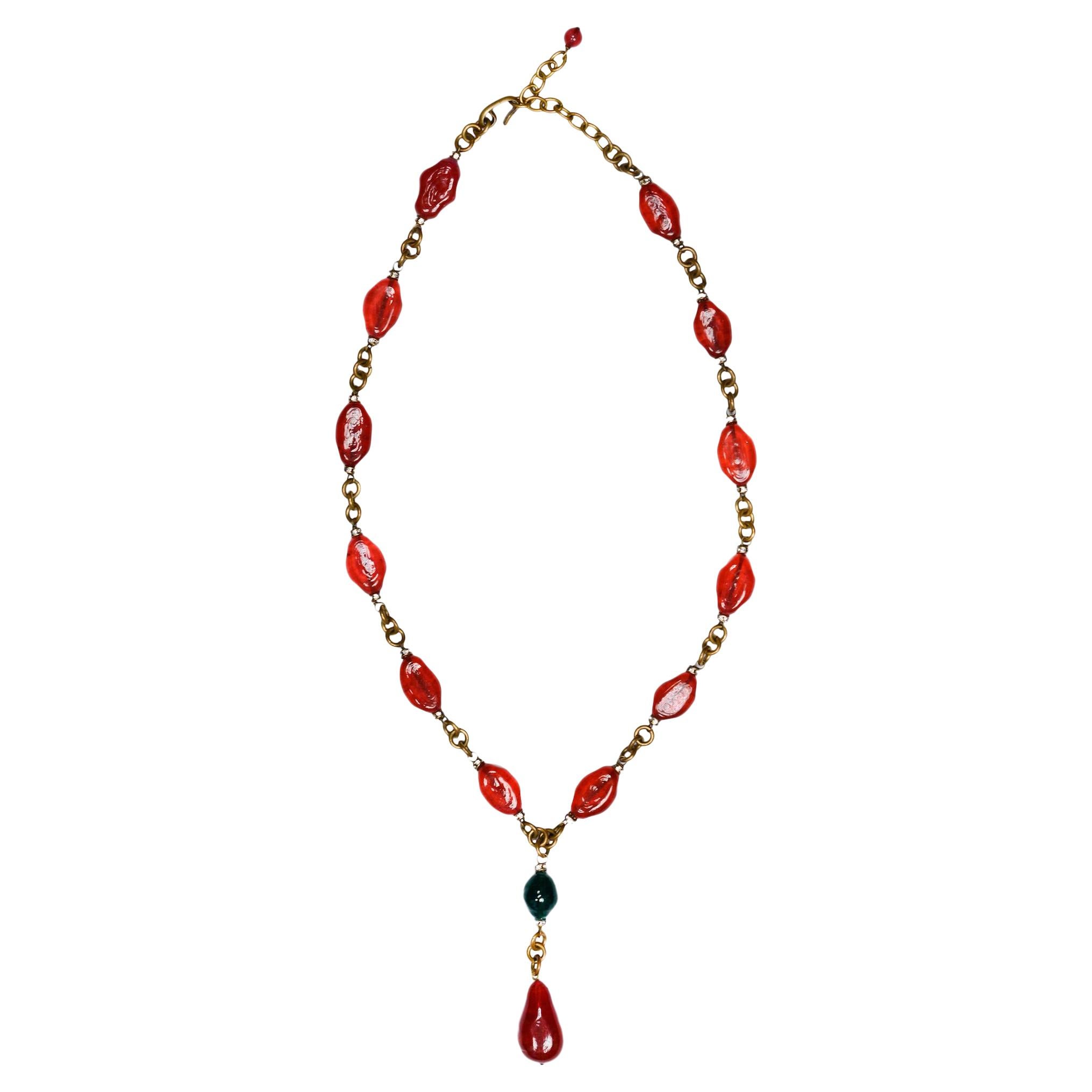 Vintage Chanel Red & Green Gripoix Drop Necklace