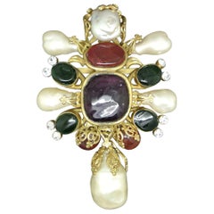 Vintage Chanel Red Green Poured Glass Gripoix baroque Pearl large Brooch