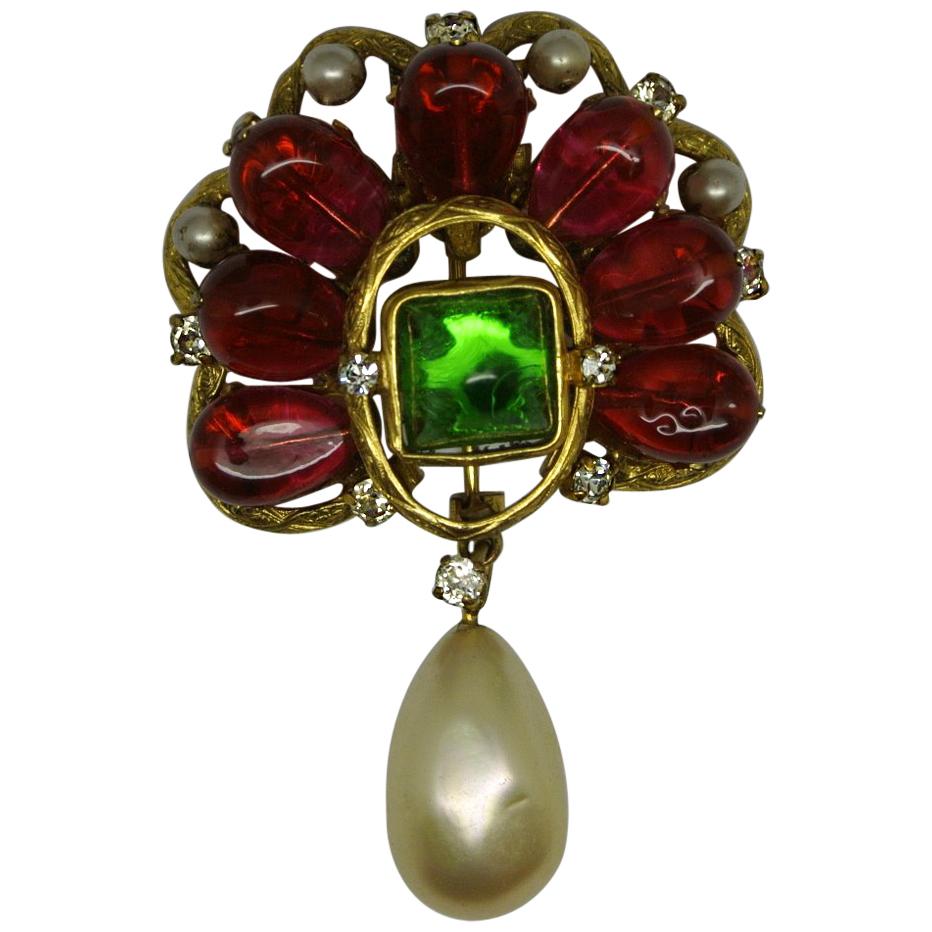 Vintage Chanel Red Green Poured Glass Gripoix Pearl Drop Brooch Pendant For Sale
