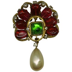 Vintage Chanel Red Green Poured Glass Gripoix Pearl Drop Brooch Pendant
