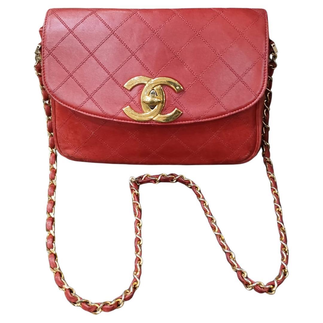 Vintage Chanel Red Lambskin Quilted Mini Flap Bag
