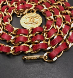 Vintage CHANEL Red Leather Gold Toned Chain Belt Necklace