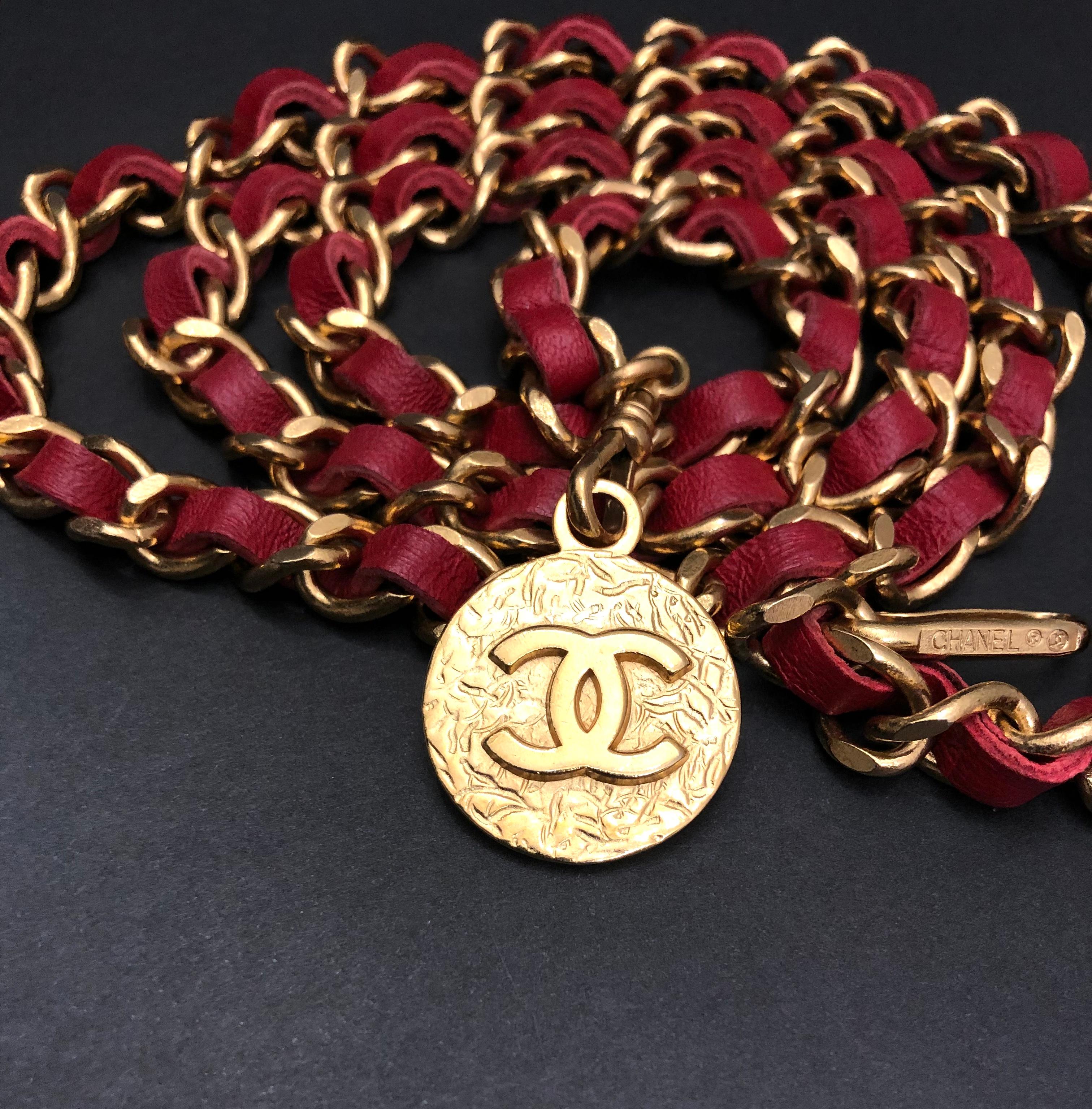 Women's Vintage CHANEL Red Leather Gold Toned Chain Belt Necklace