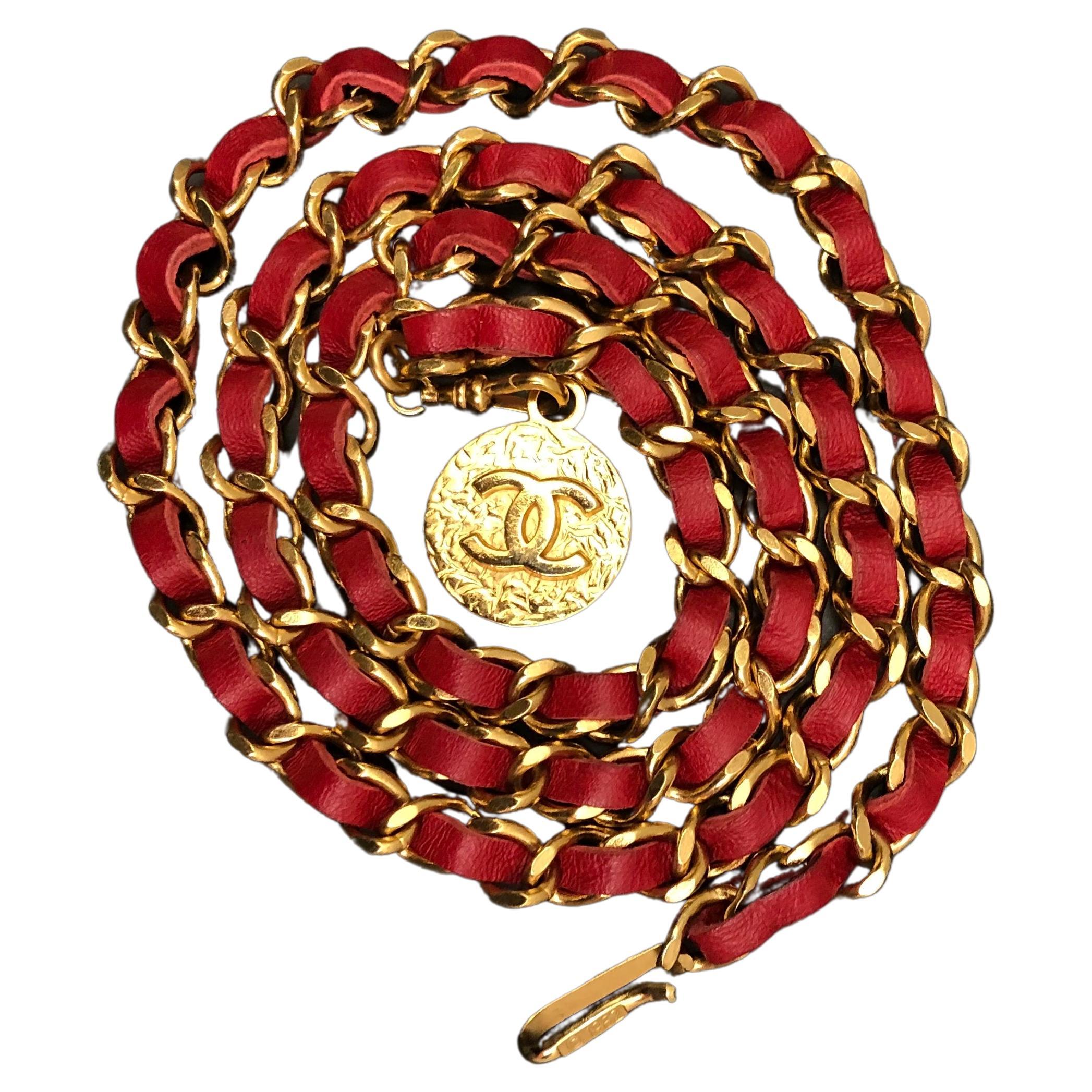 Vintage CHANEL Red Leather Gold Toned Chain Belt Necklace