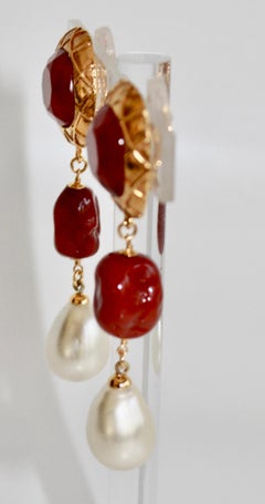 Vintage Chanel Red Pate de Verre Cabochons Earrings